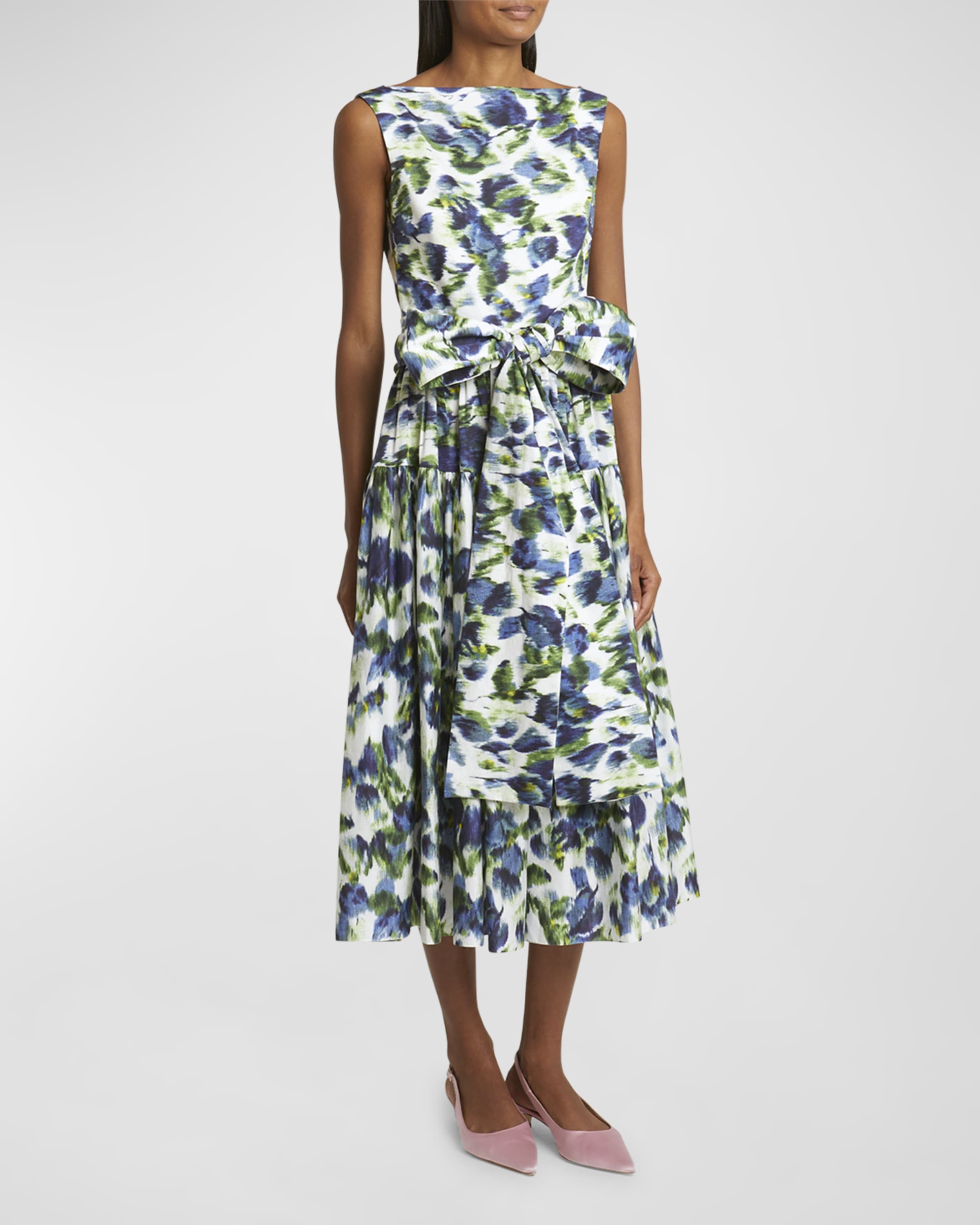 Floral Abstract Print Bow Midi Dress - 2