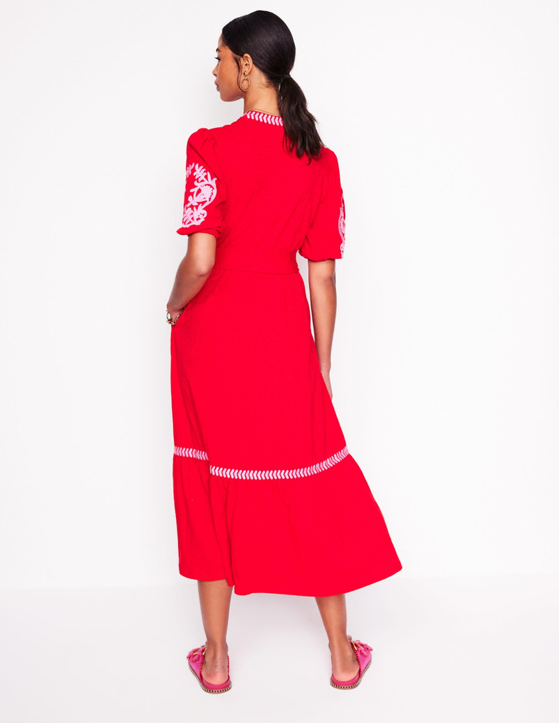 Amara Embroidered Jersey Dress-Poppy Red, Pink Peony 5