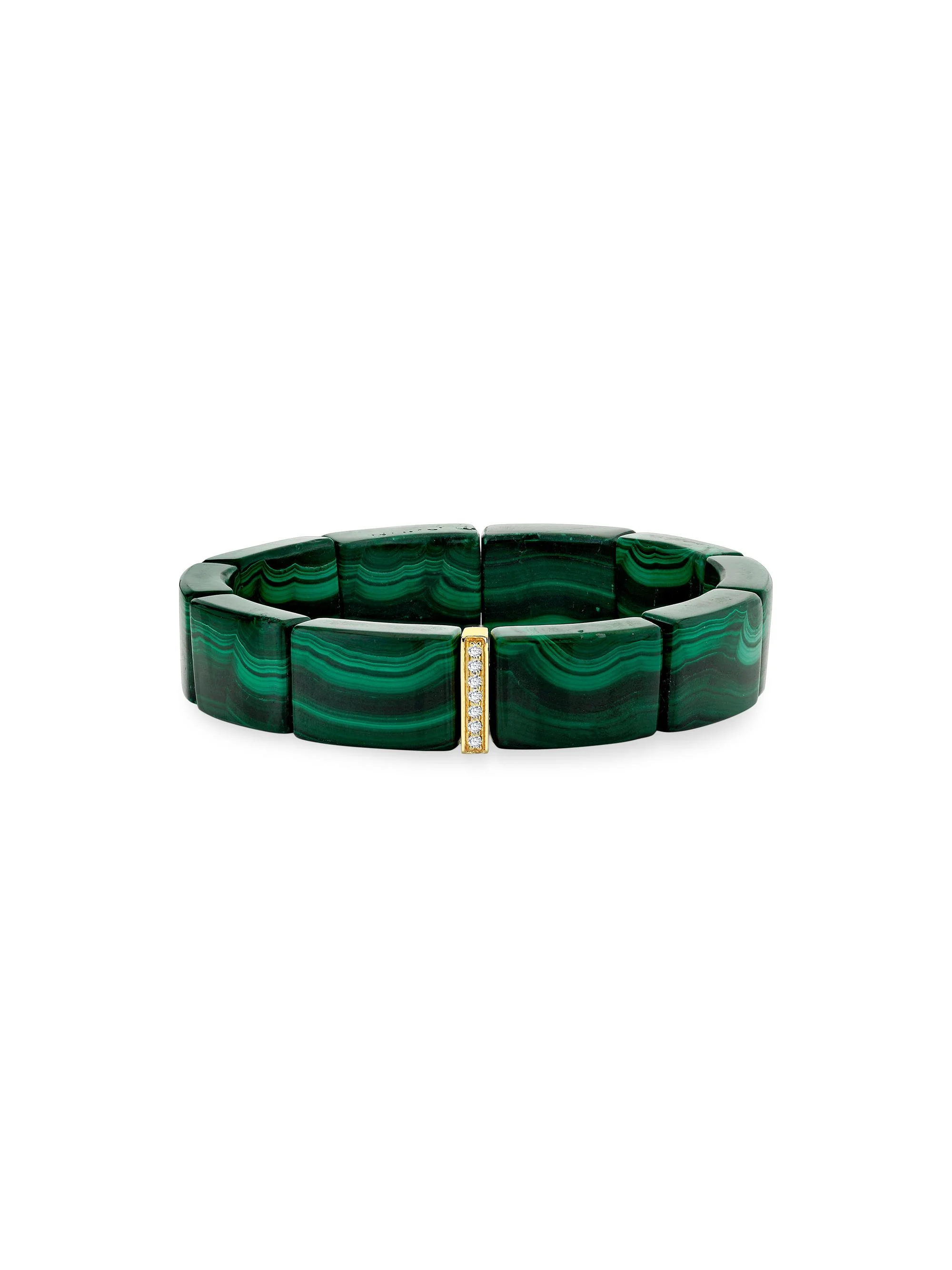 Women's 14K Yellow Gold, 0.08 TCW Diamond & Malachite Bead Stretch Bracelet - Yellow Gold - 1