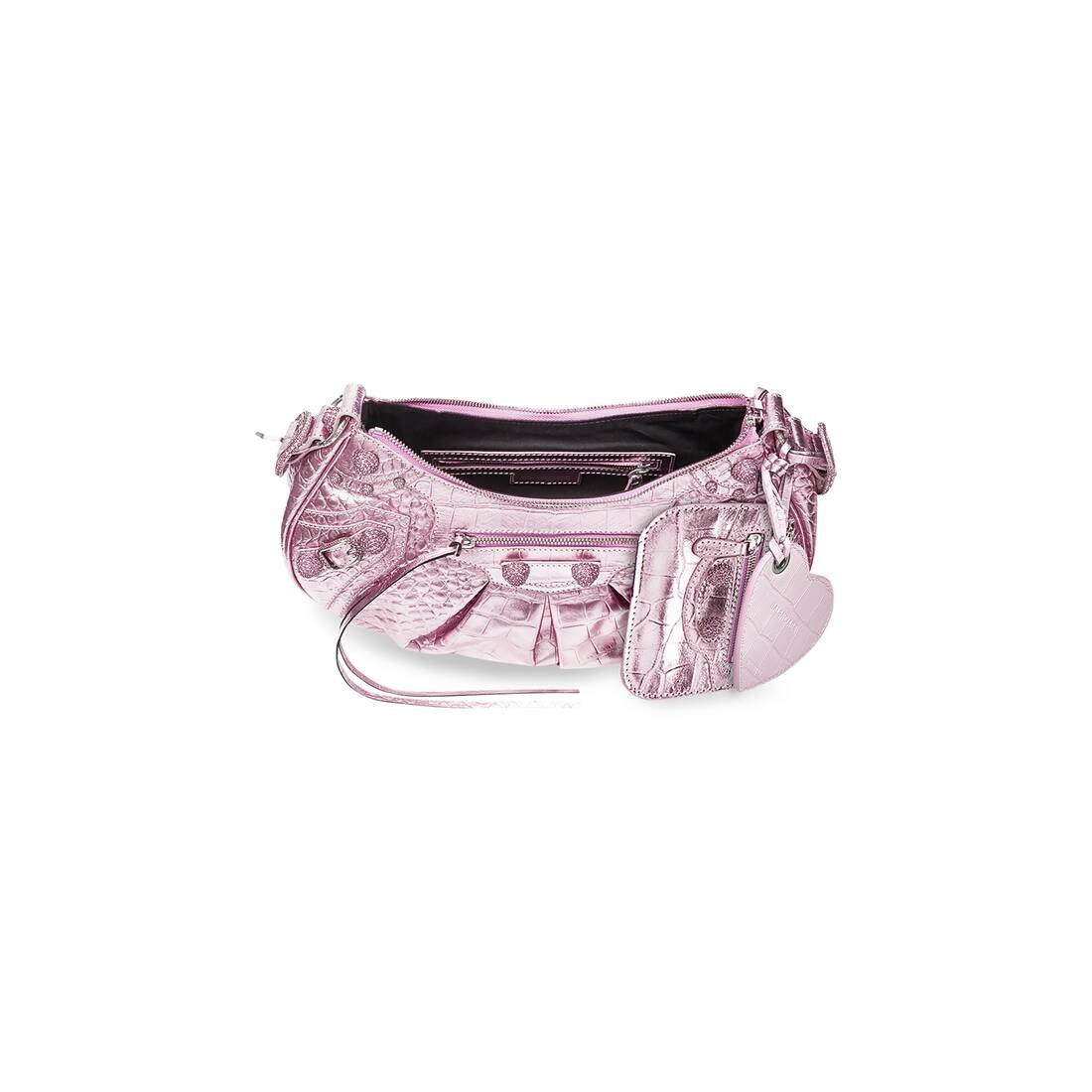 Women's Le Cagole Small Shoulder Bag Metallized Crocodile Embossed With Rhinestones in Pink - 7