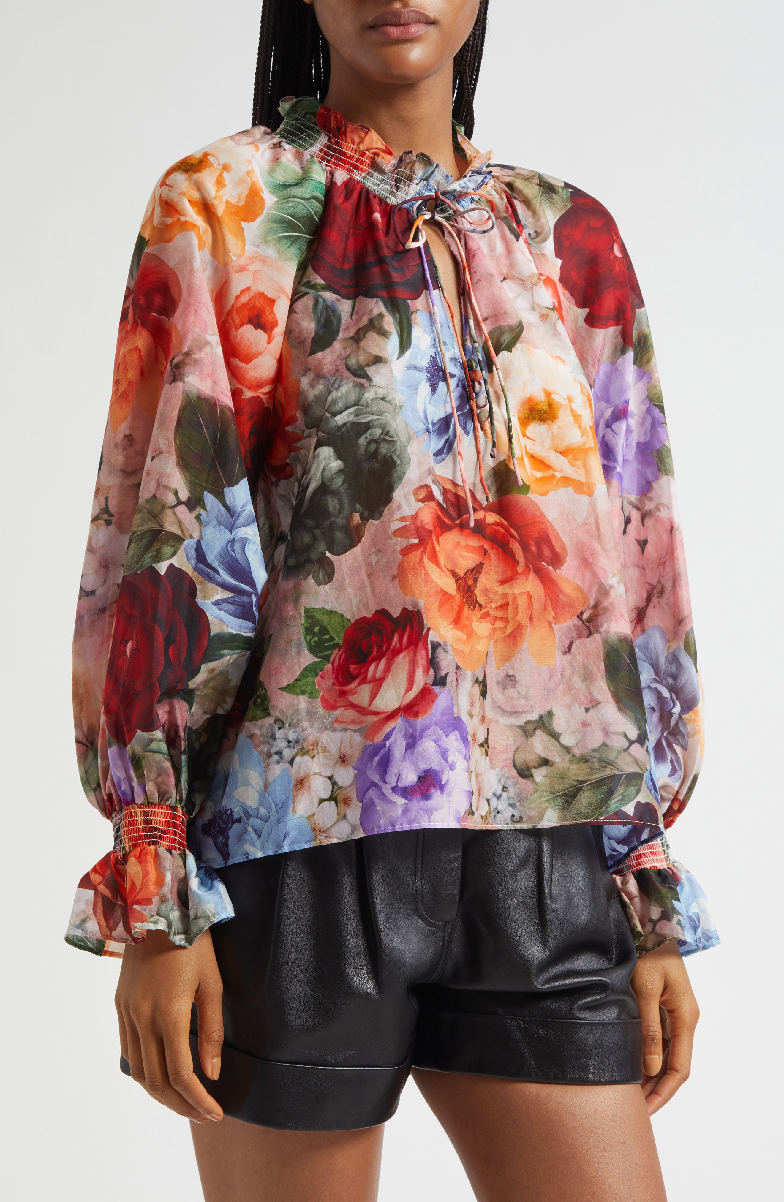 Alice + Olivia Norah Ruffle Cotton & Silk Peasant Top in Storm Floral at Nordstrom - 4