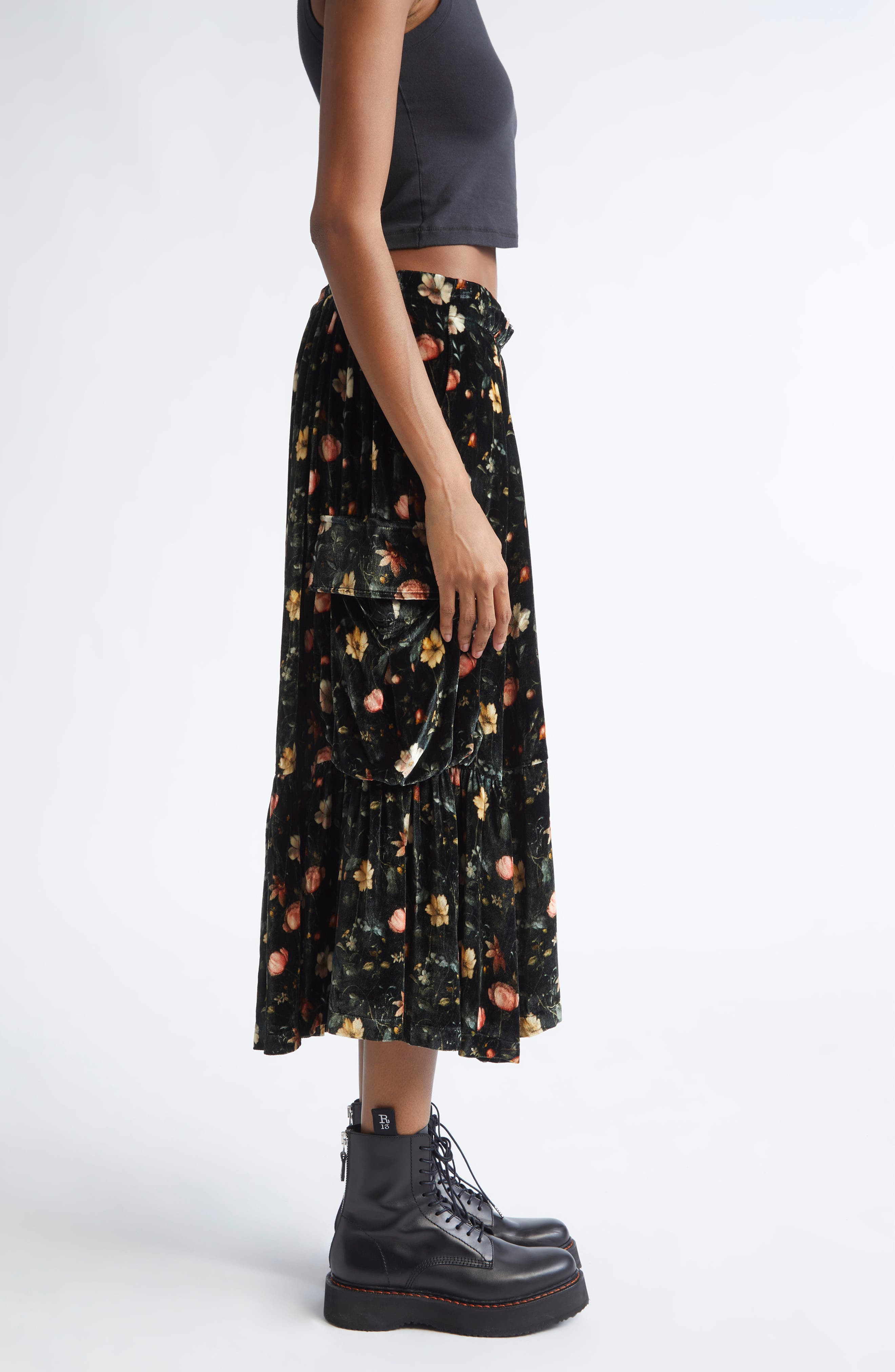 R13 Gathered Floral Velvet Cargo Midi Skirt in Multifloral Black at Nordstrom - 3