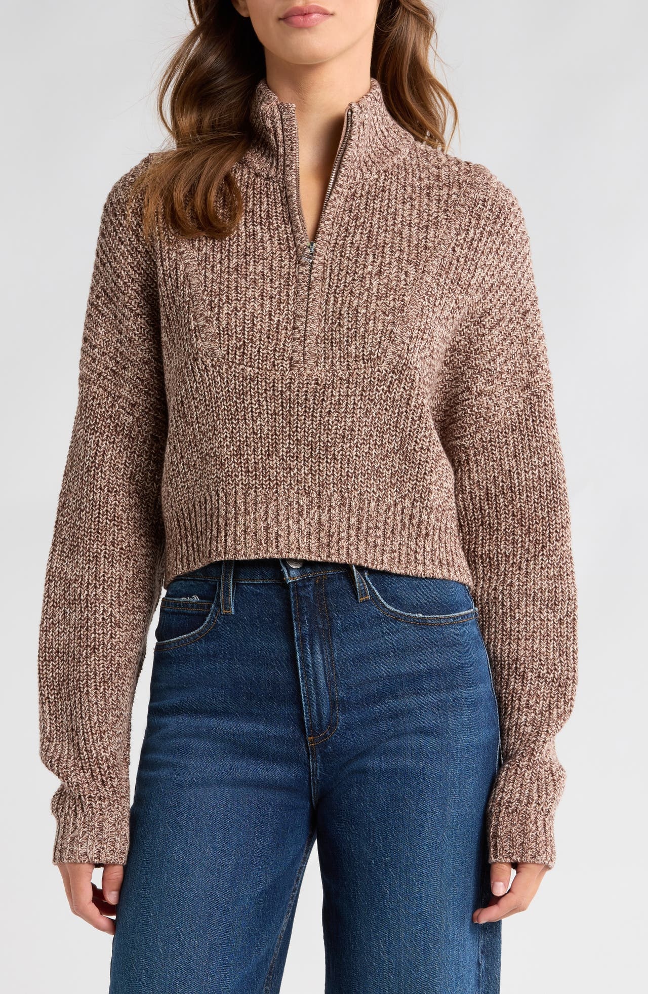 STAUD Hampton Half Zip Crop Sweater in Mocha Melange at Nordstrom - 1