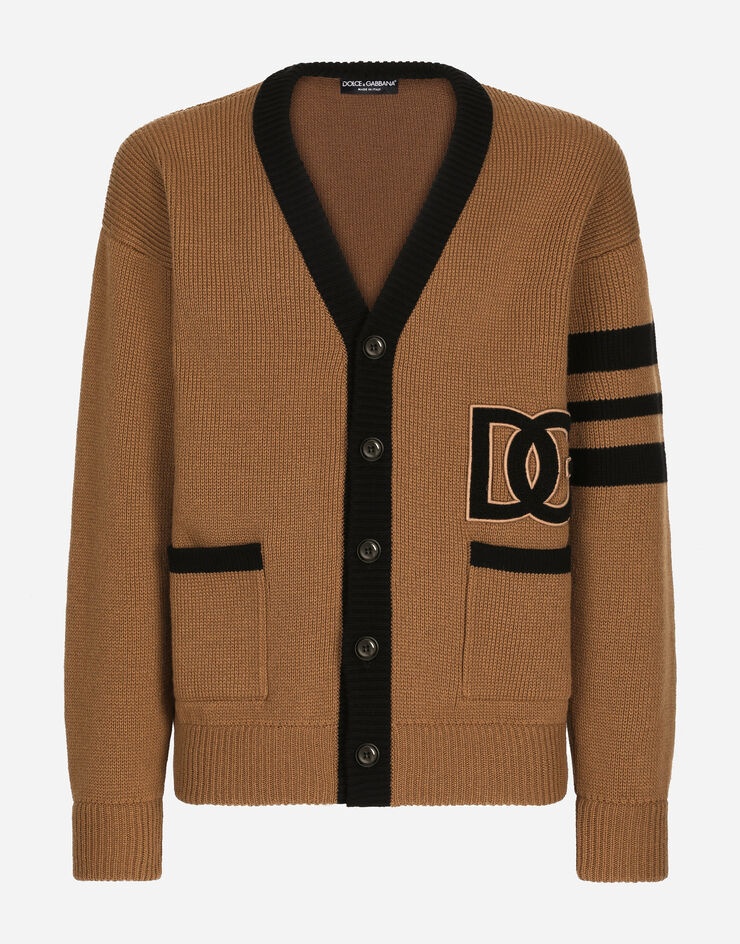 Wool fisherman’s rib cardigan with DG logo patch - 1