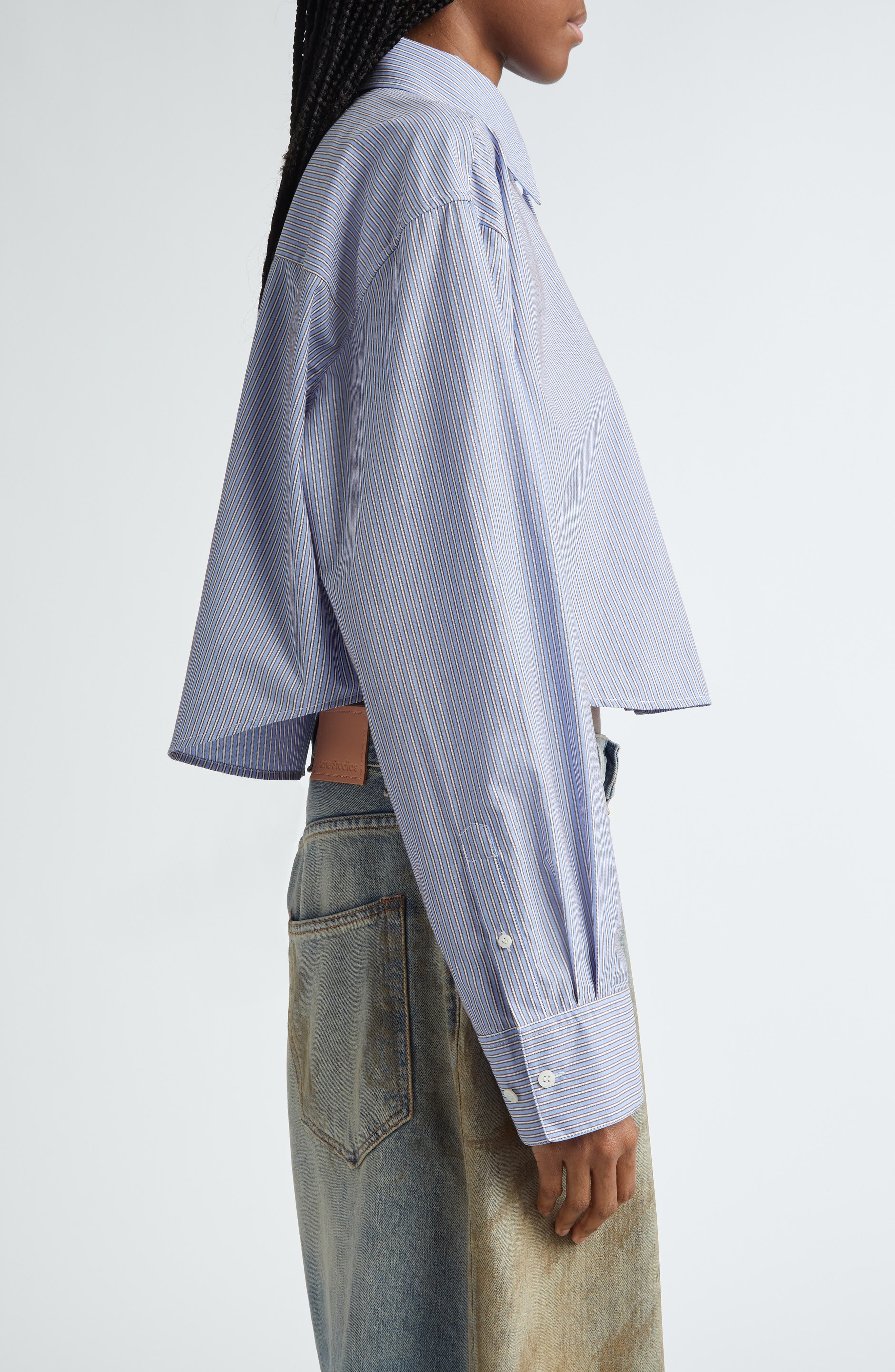Acne Studios Satai Stripe Crop Cotton Button-Up Shirt in Sky Blue/Coffee Brown at Nordstrom - 4