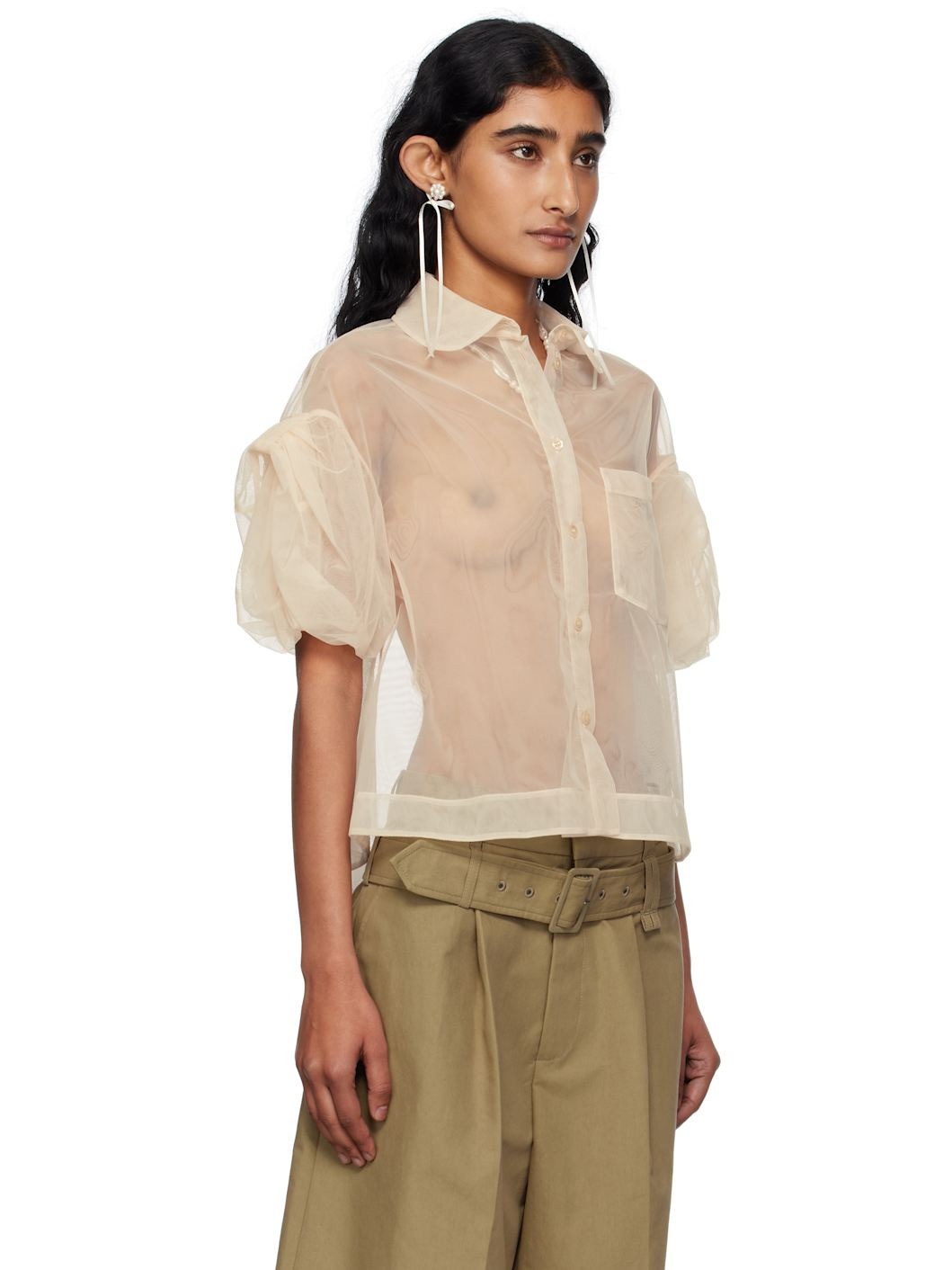 Beige Sheer Cropped Bow Puff Sleeve Shirt - 2