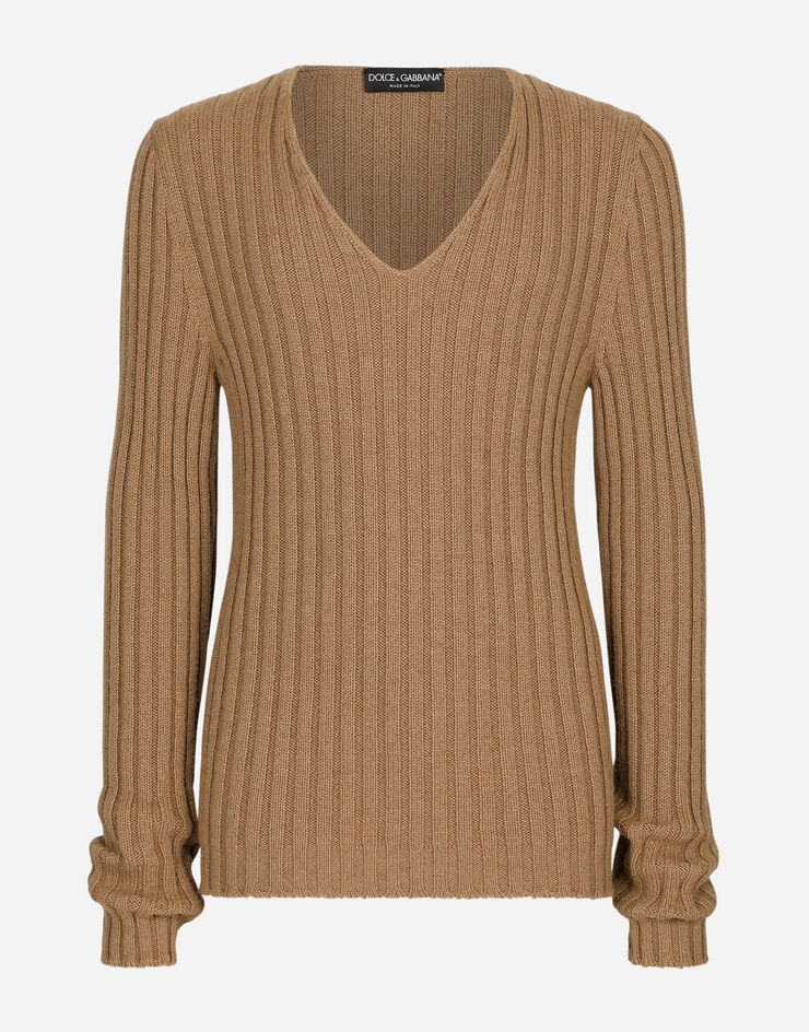 Ribbed camel V-neck sweater - 1