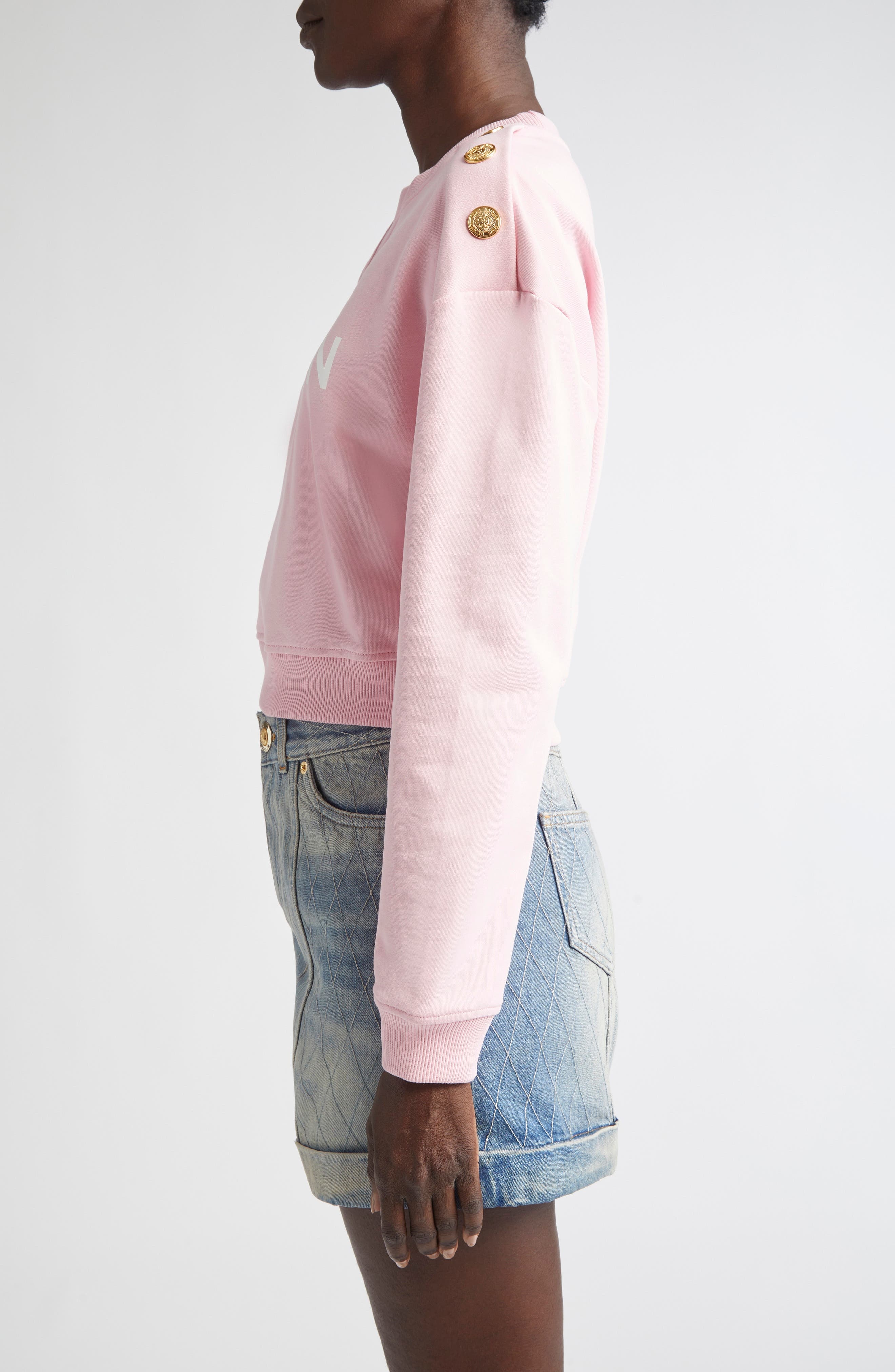 Balmain Crop Logo Graphic Sweatshirt in Pink Mini Check at Nordstrom - 3