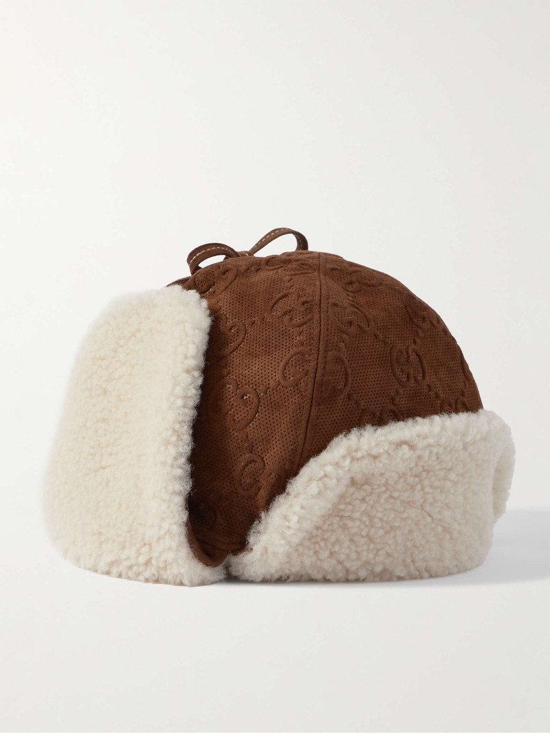Shearling-Lined Logo-Embossed Perforated Suede Trapper Cap 1