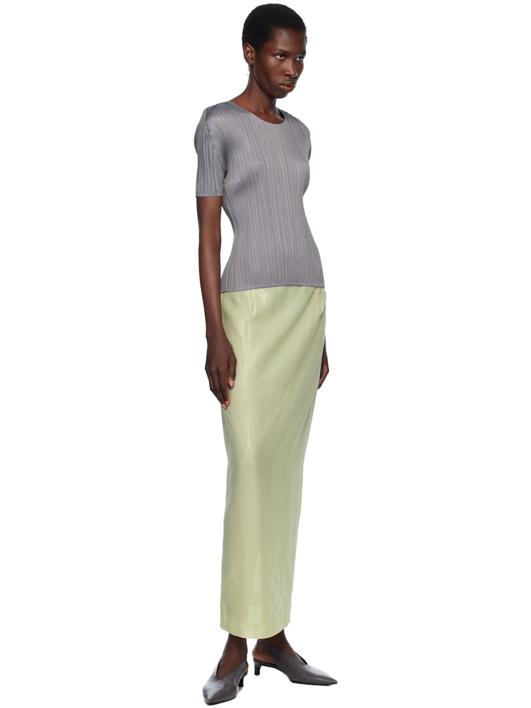 AURALEE Green Foil Printed Silk Lawn Maxi Skirt | REVERSIBLE