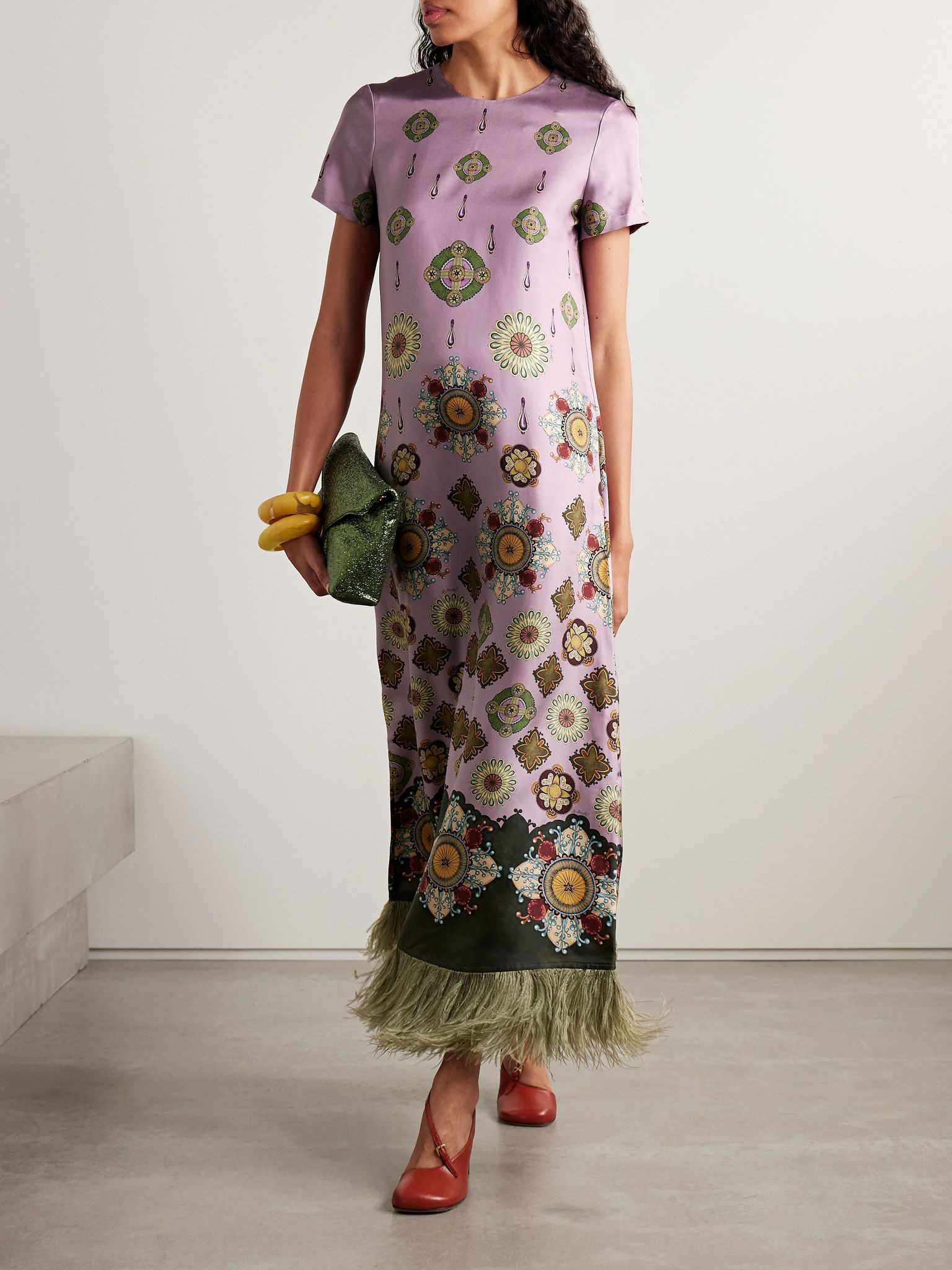 Swing feather-trimmed printed silk-twill maxi dress Purple - 2