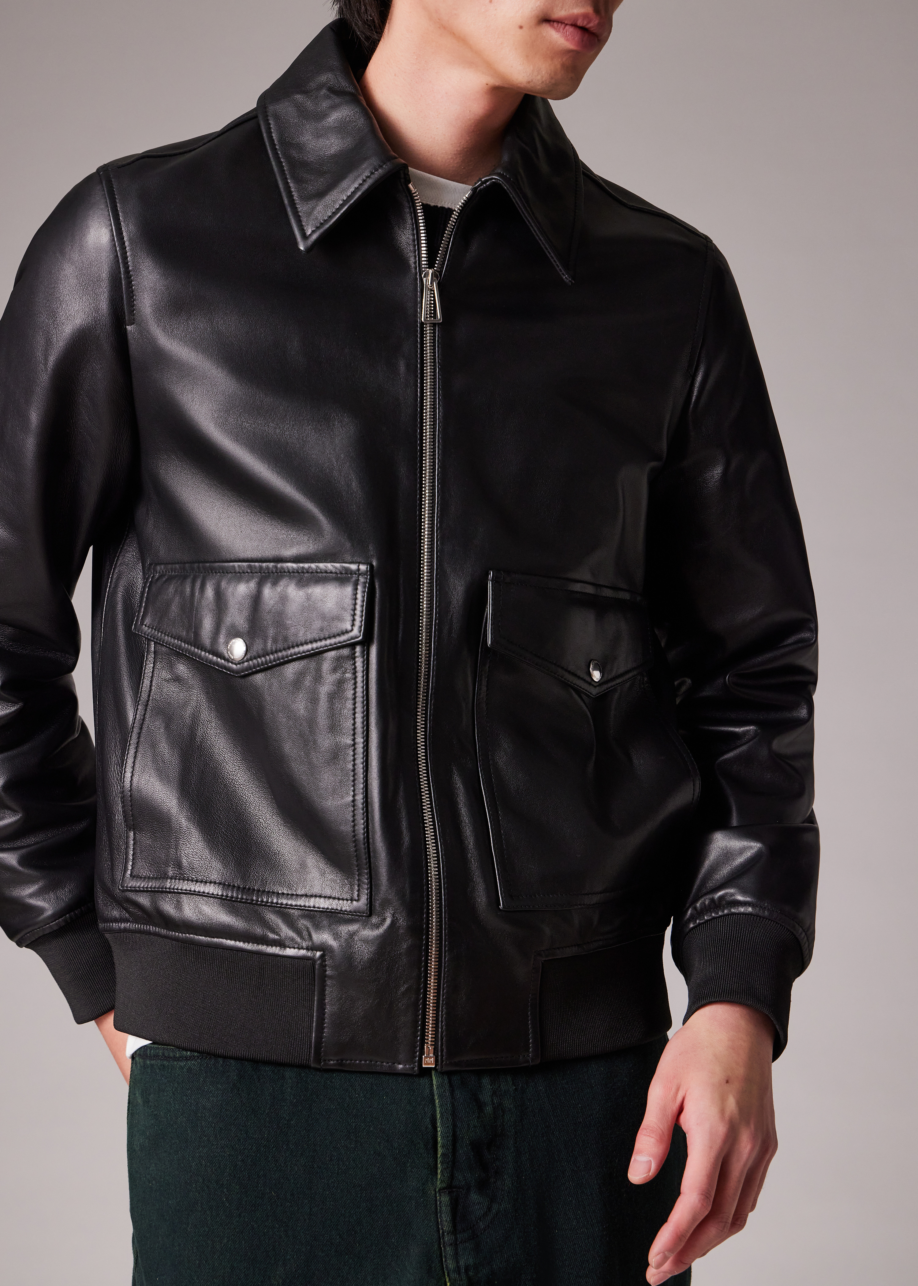 Black Leather Patch-Pocket Jacket - 9