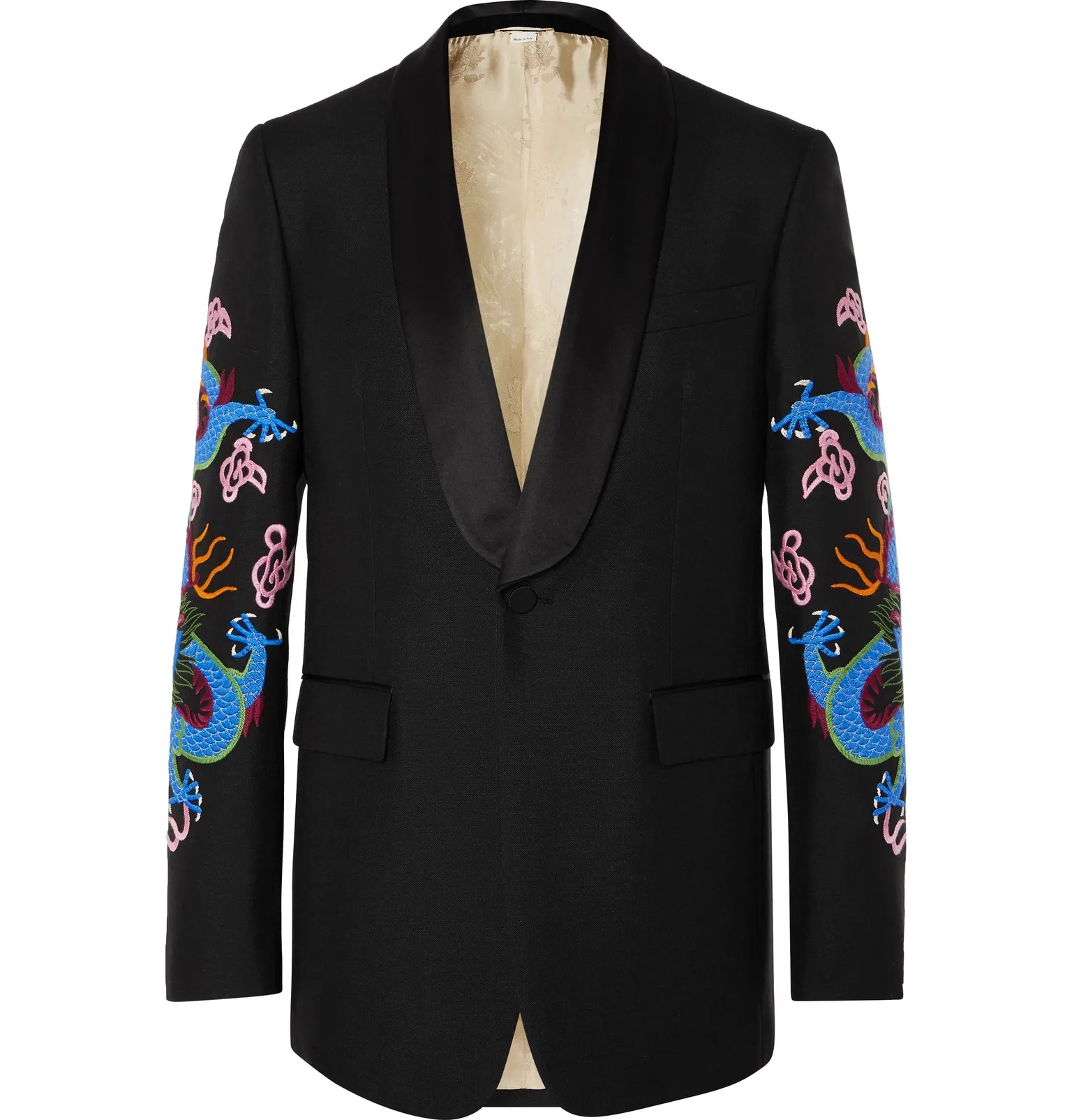 Black Embroidered Satin-Trimmed Wool and Mohair-Blend Tuxedo Jacket - 1