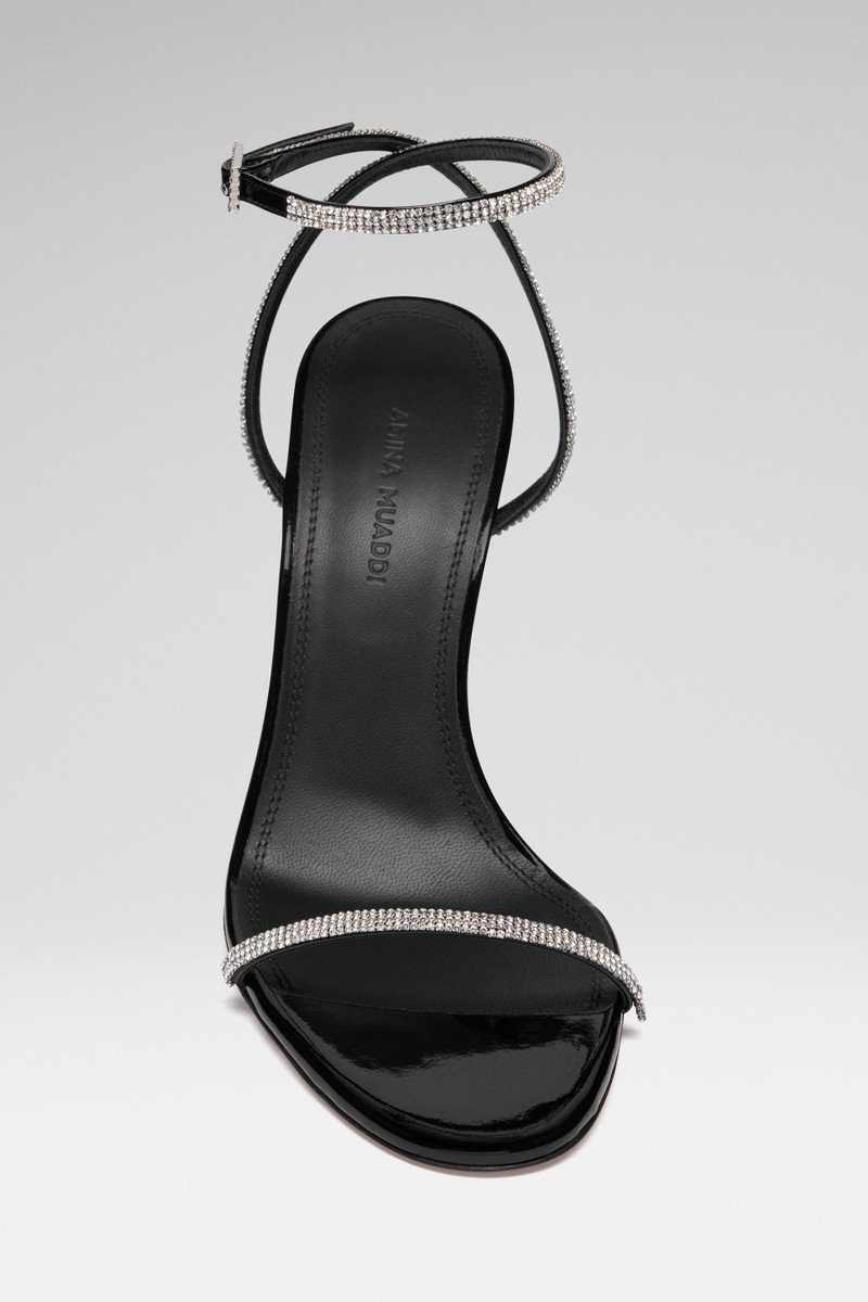Amina Muaddi DIAMANTE SANDAL 105 BLACK PATENT AND WHITE CRYSTALS outlook