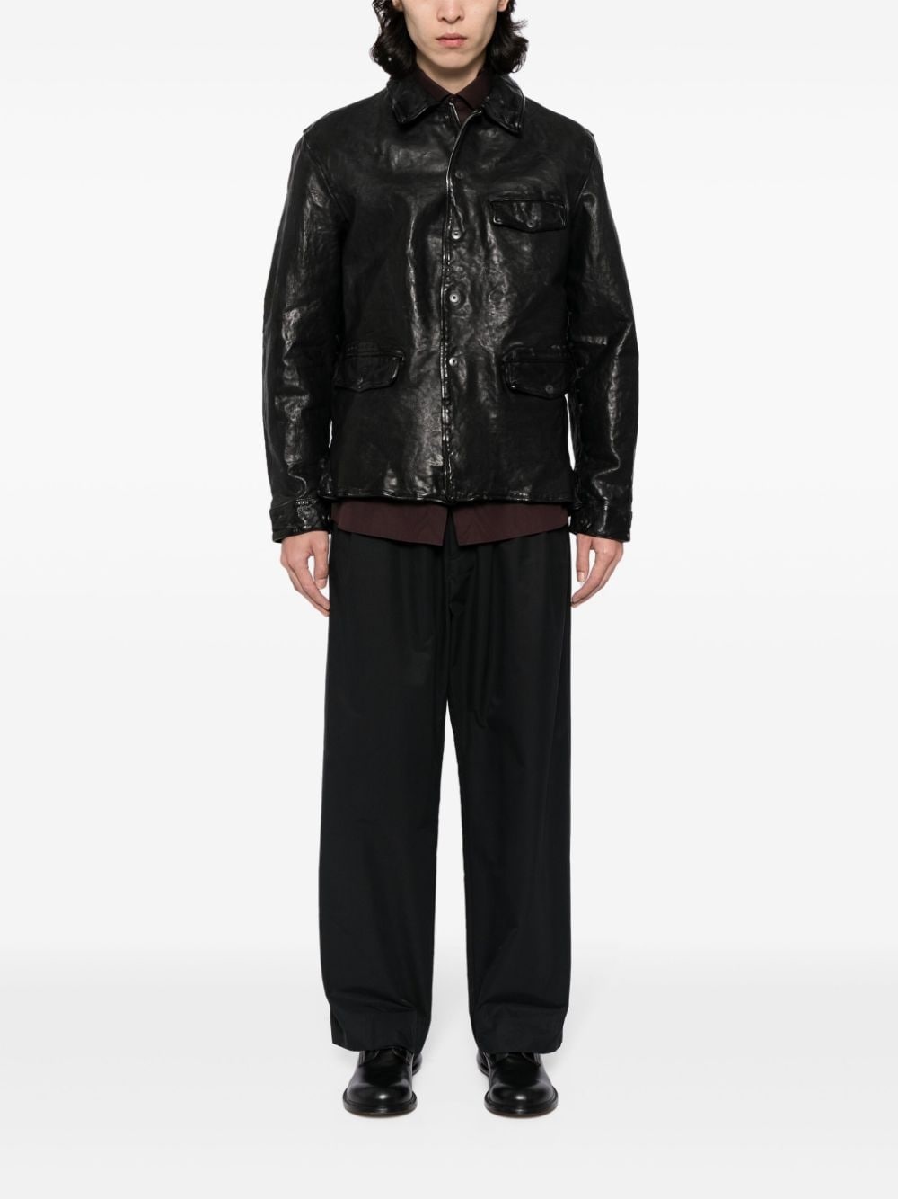 classic-collar leather jacket - 2