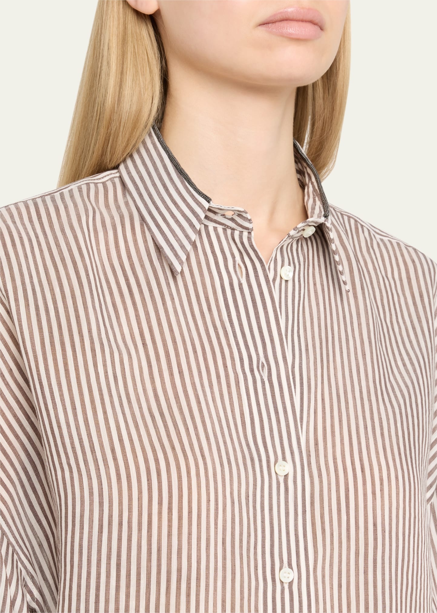 Stripe Button Down Linen Shirt with Piping Collar - 5
