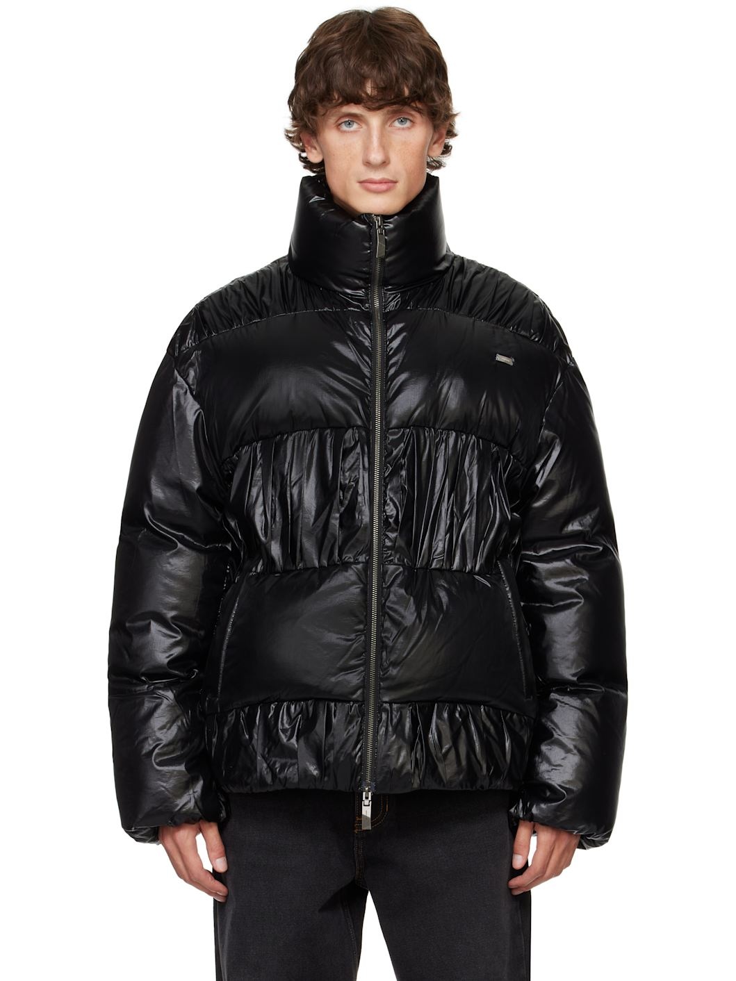 Black Gathered Down Jacket - 1