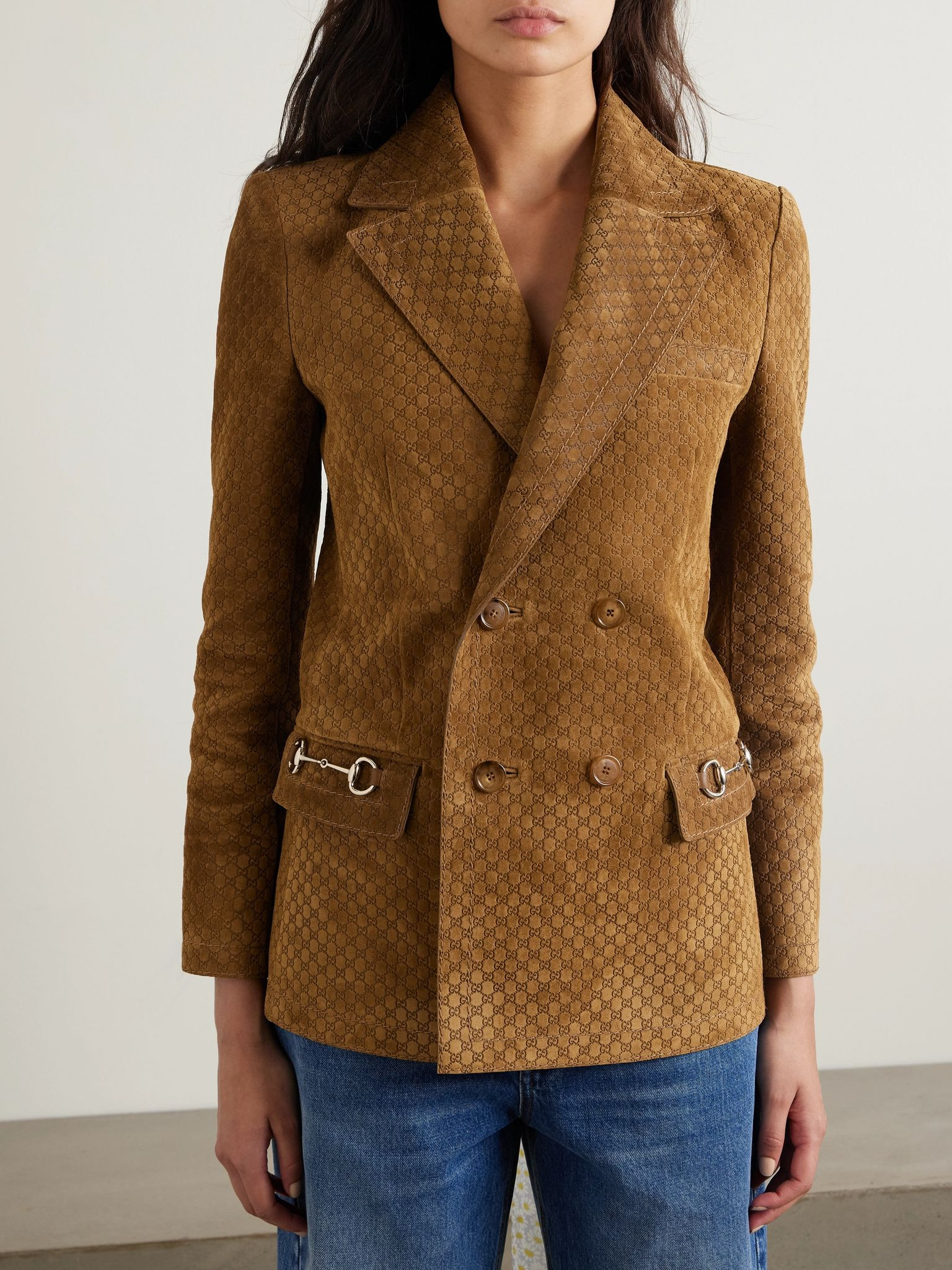 Double-breasted horsebit-detailed debossed suede blazer Brown - 3