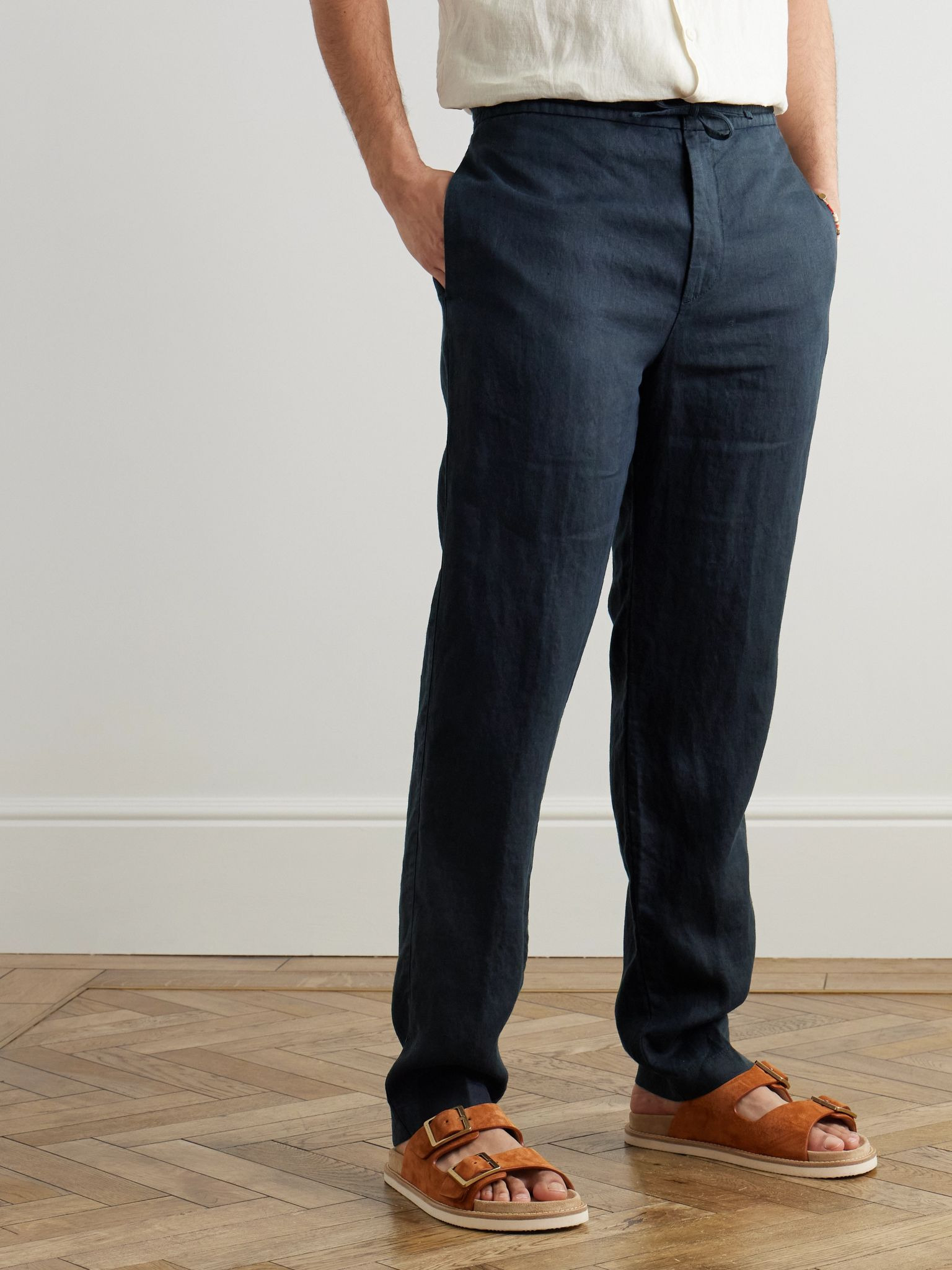 Tapered Linen Drawstring Trousers Navy - 3