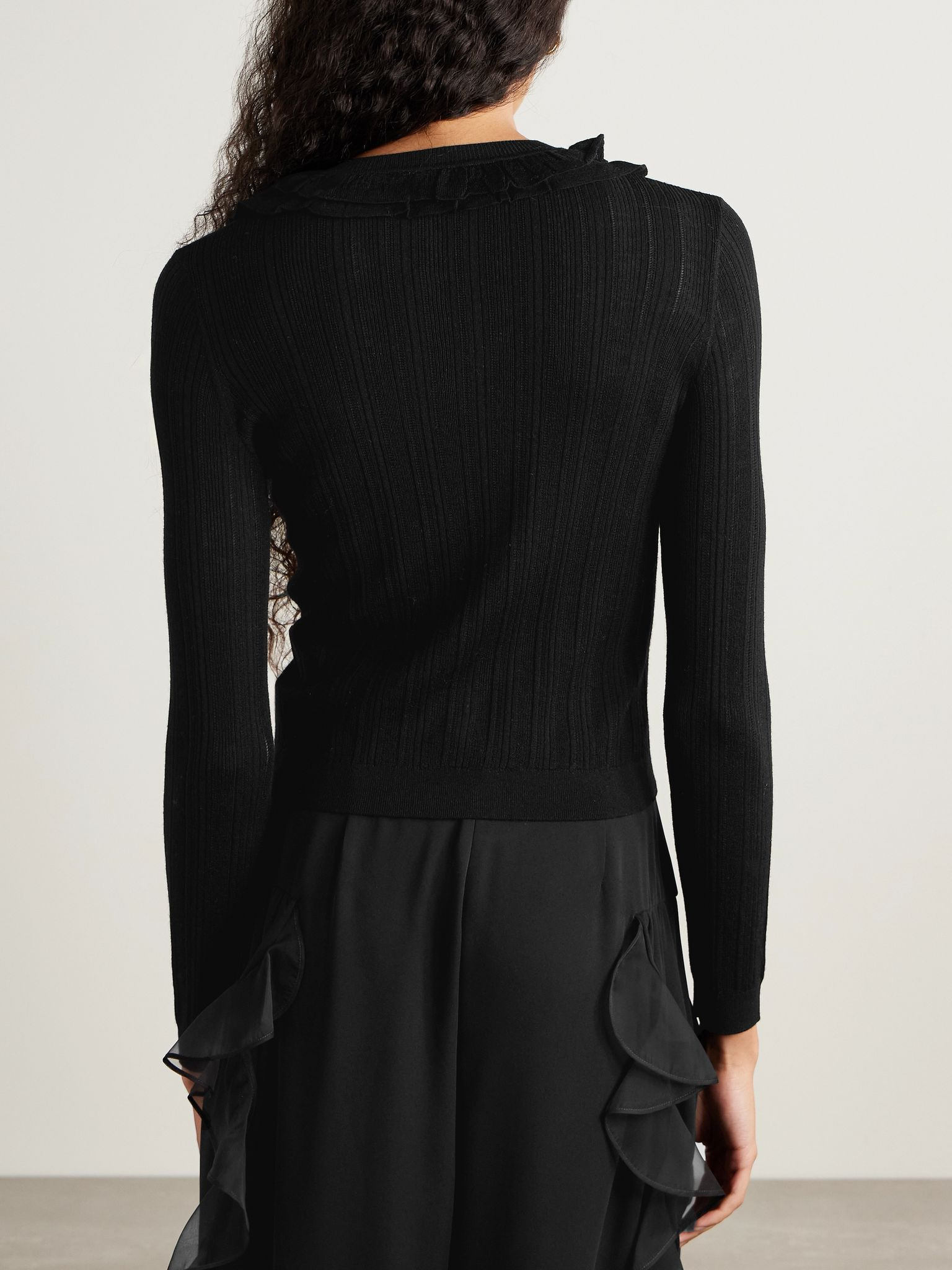 Maryel lace-trimmed ruffled ribbed merino wool cardigan Black - 3