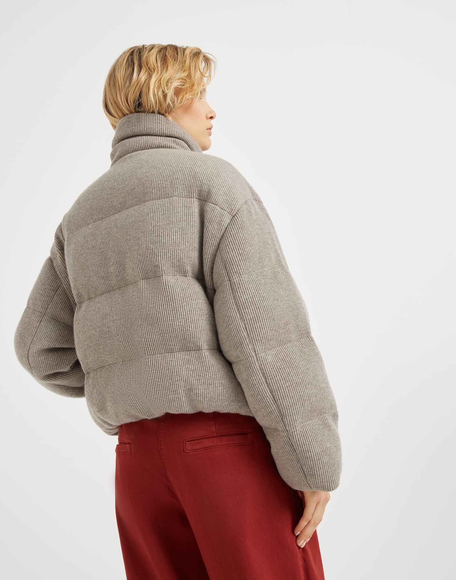 Cashmere English rib knit down jacket with shiny trims - 2