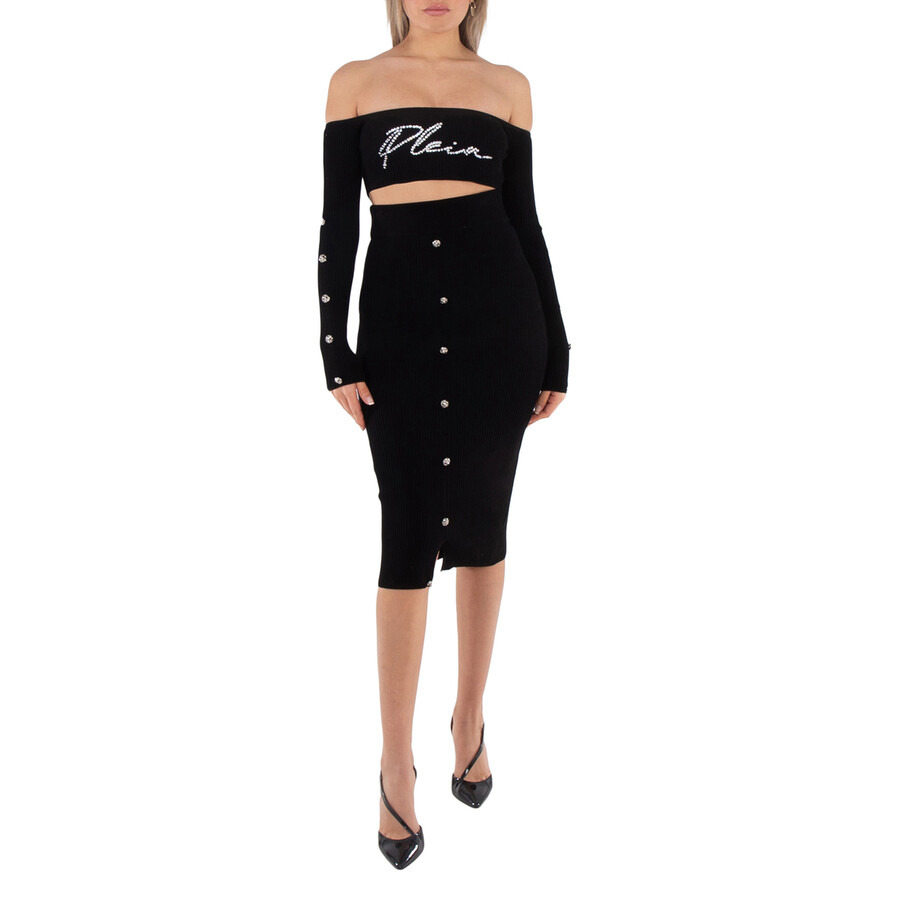 Philipp Plein Black Signature Rib Knit Top and Skirt Set, Size X-Small - 2