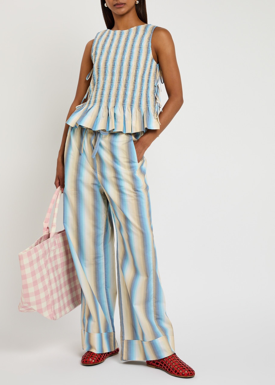Ganni Ombre Stripe Smocked Cotton-poplin top - 4