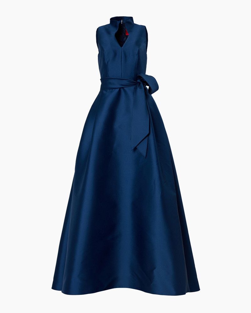 V-neck Gown With Stand Collar And Self Belt 2