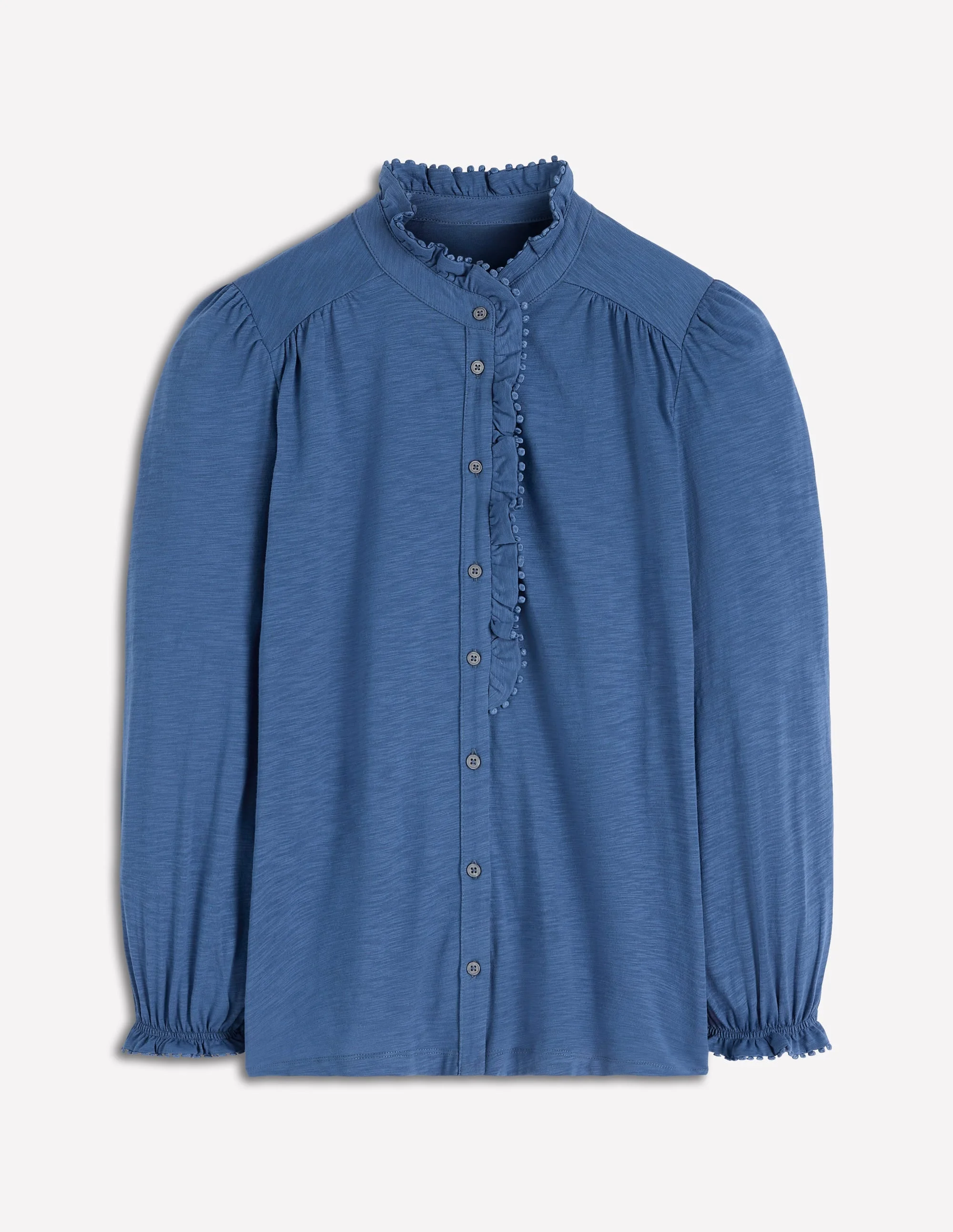 Emily Pom Detail Ruffle Shirt-Denim Blue - 1