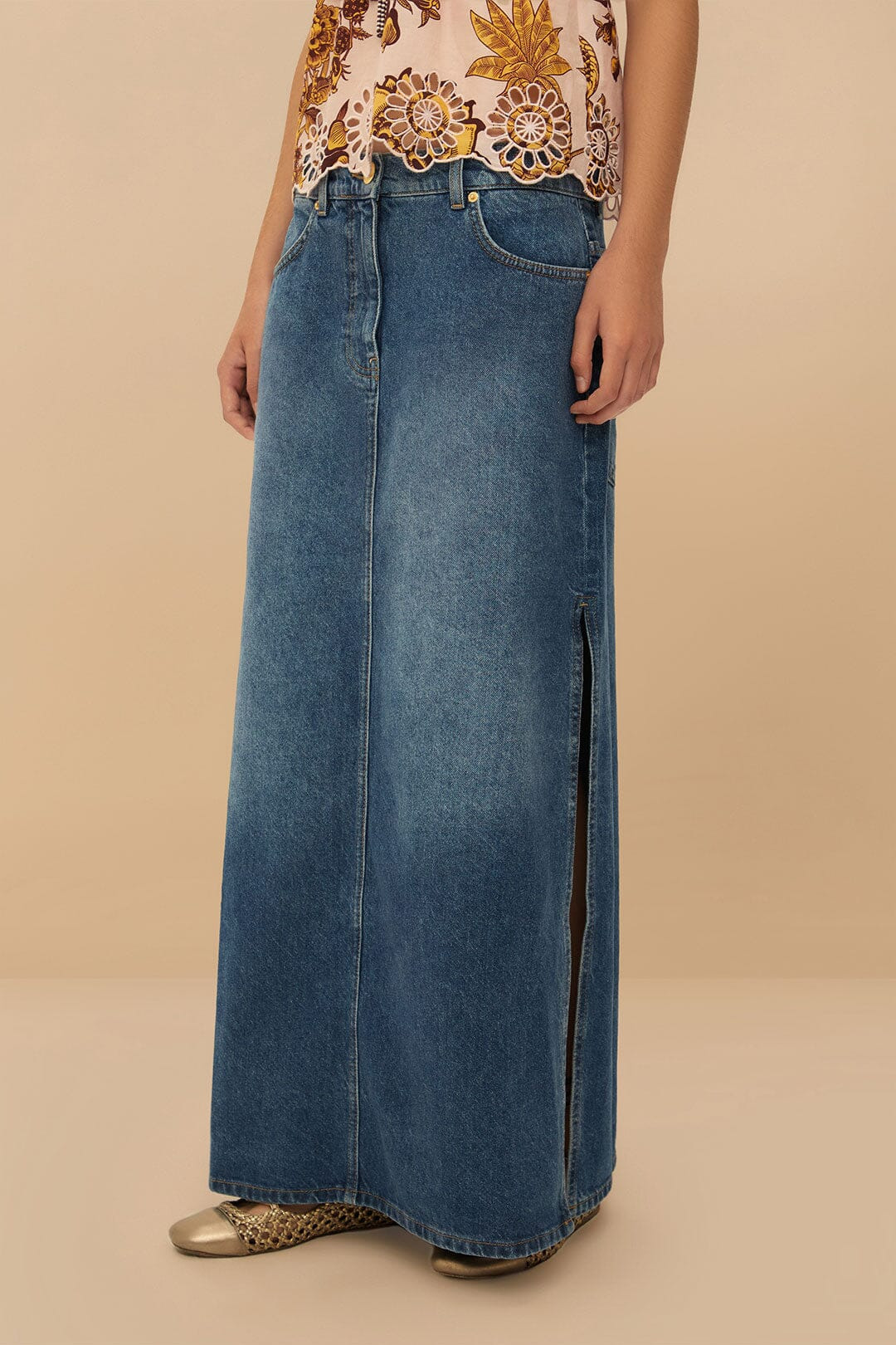 Denim Side Slit Maxi Skirt - 2