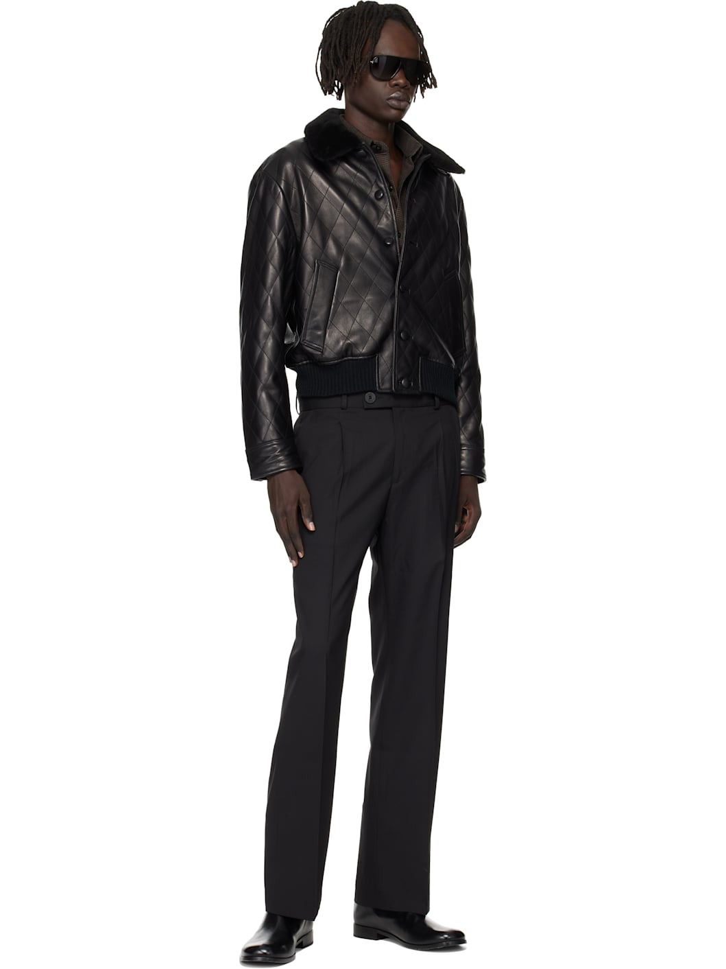 Black Quilted Leather Bomber Jacket - 4