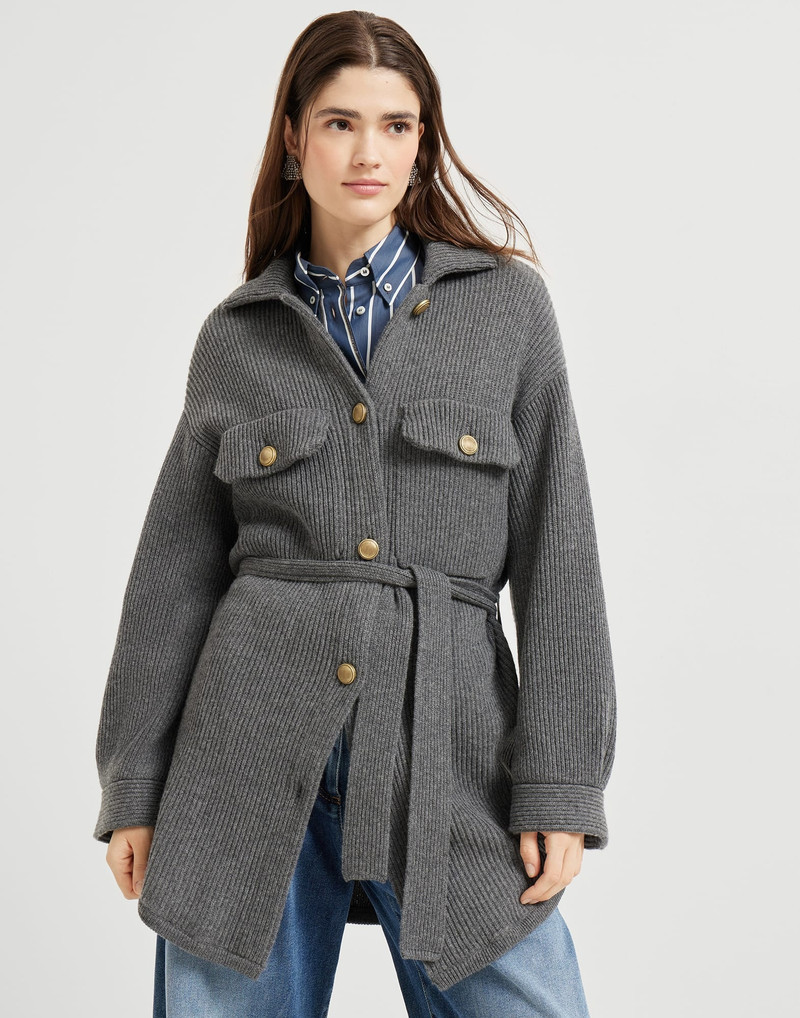 Virgin wool, cashmere and silk English rib belted cardigan with metal buttons - 1