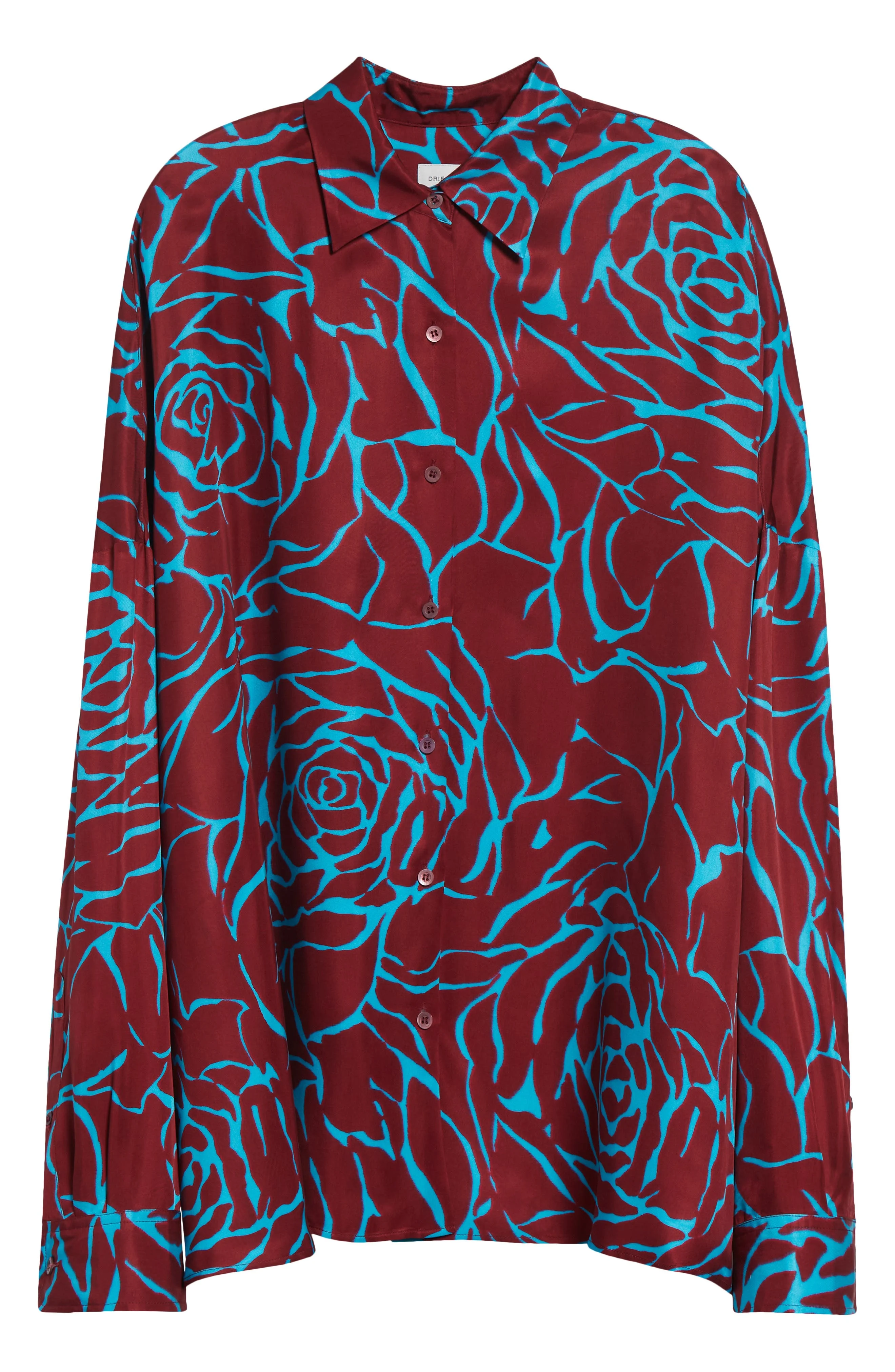 Dries Van Noten Casia Giant Couture Rose Print Satin Button-Up Shirt in Burgundy at Nordstrom - 1