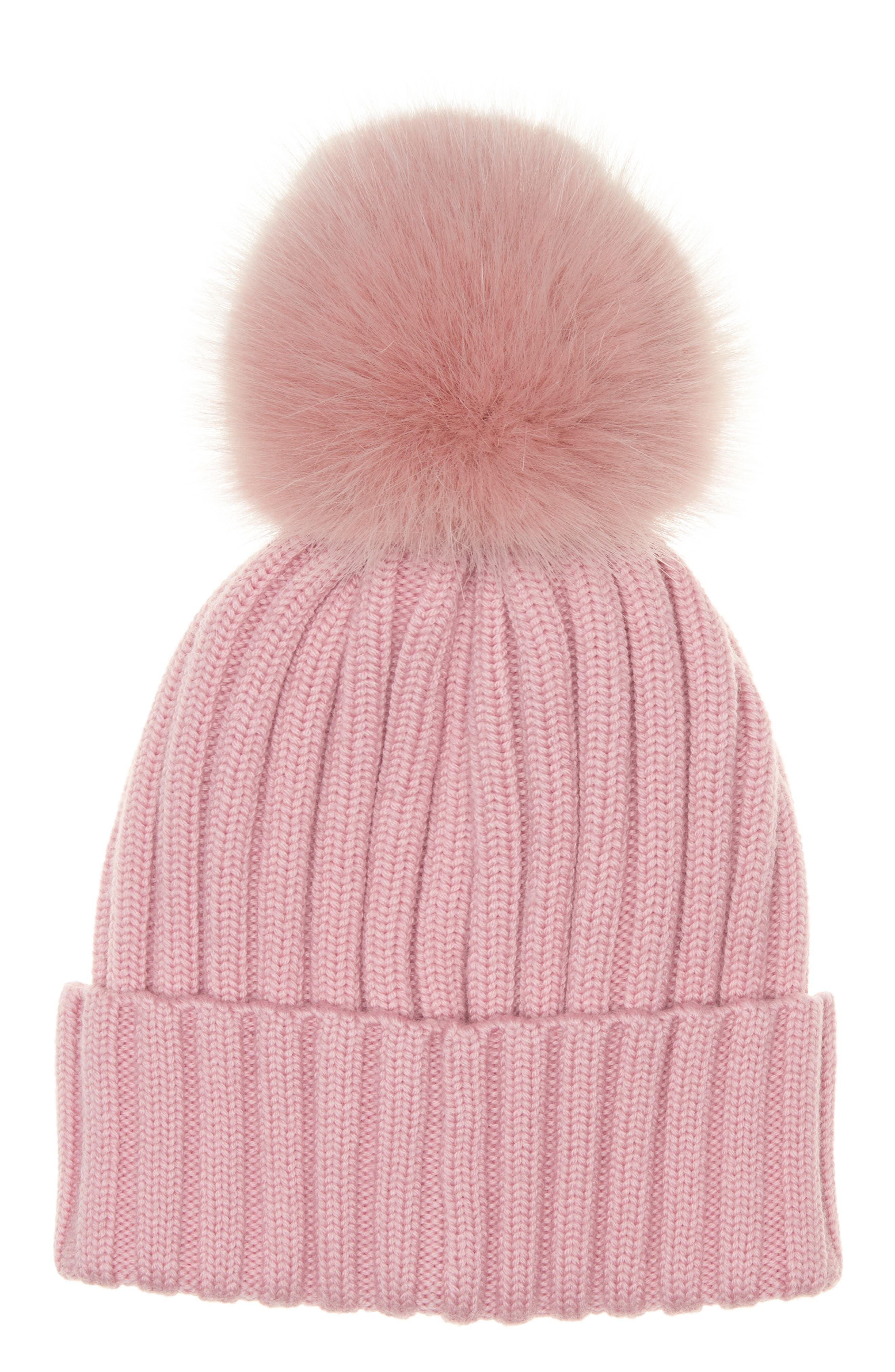 Moncler Virgin Wool Rib Beanie with Faux Fur Pompom in Smooth Rose at Nordstrom - 2