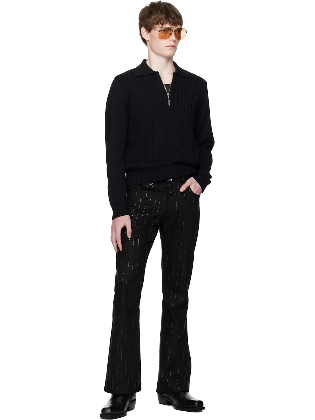 Black Cable Knit Zip Polo - 4