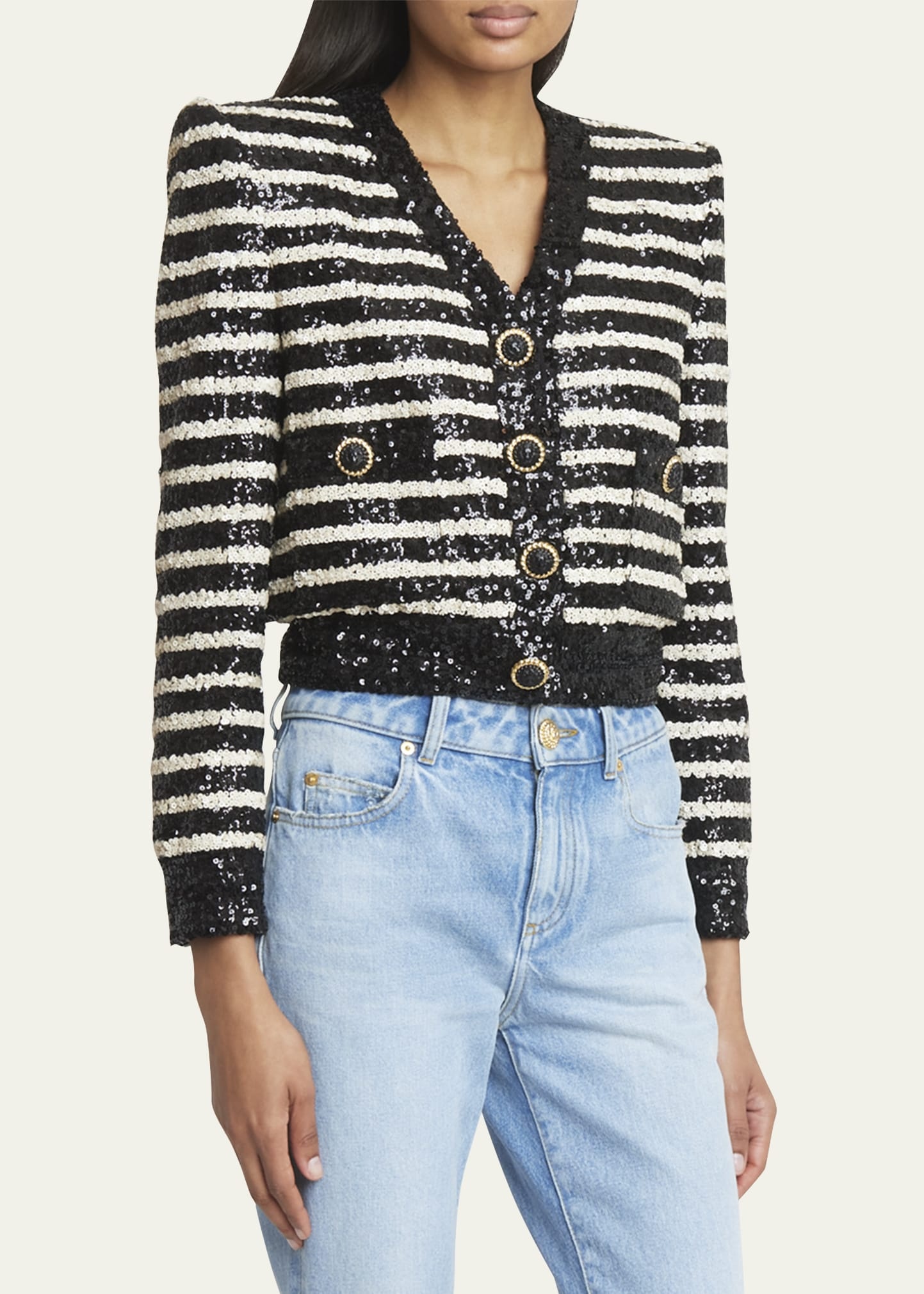 Striped Sequined Crop Jacket with Button Details - 4