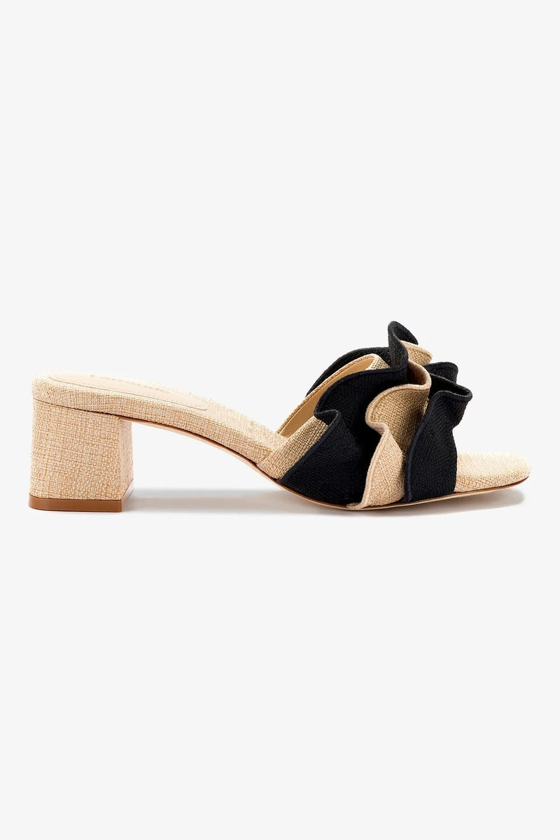 Brigitte Ruffle Mule In Beige and Black Raffia 1