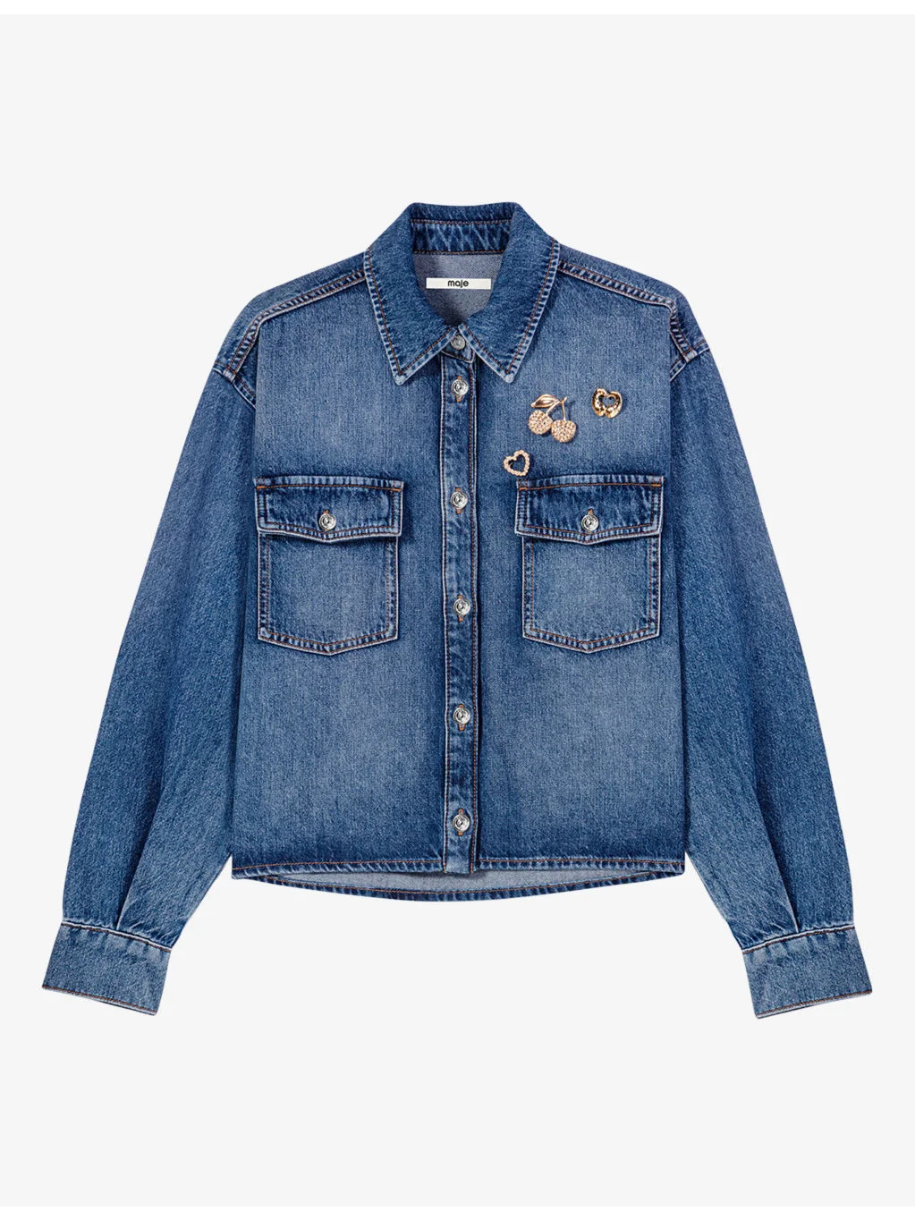 Brooch-Embellished Regular-Fit Denim Jacket - 1