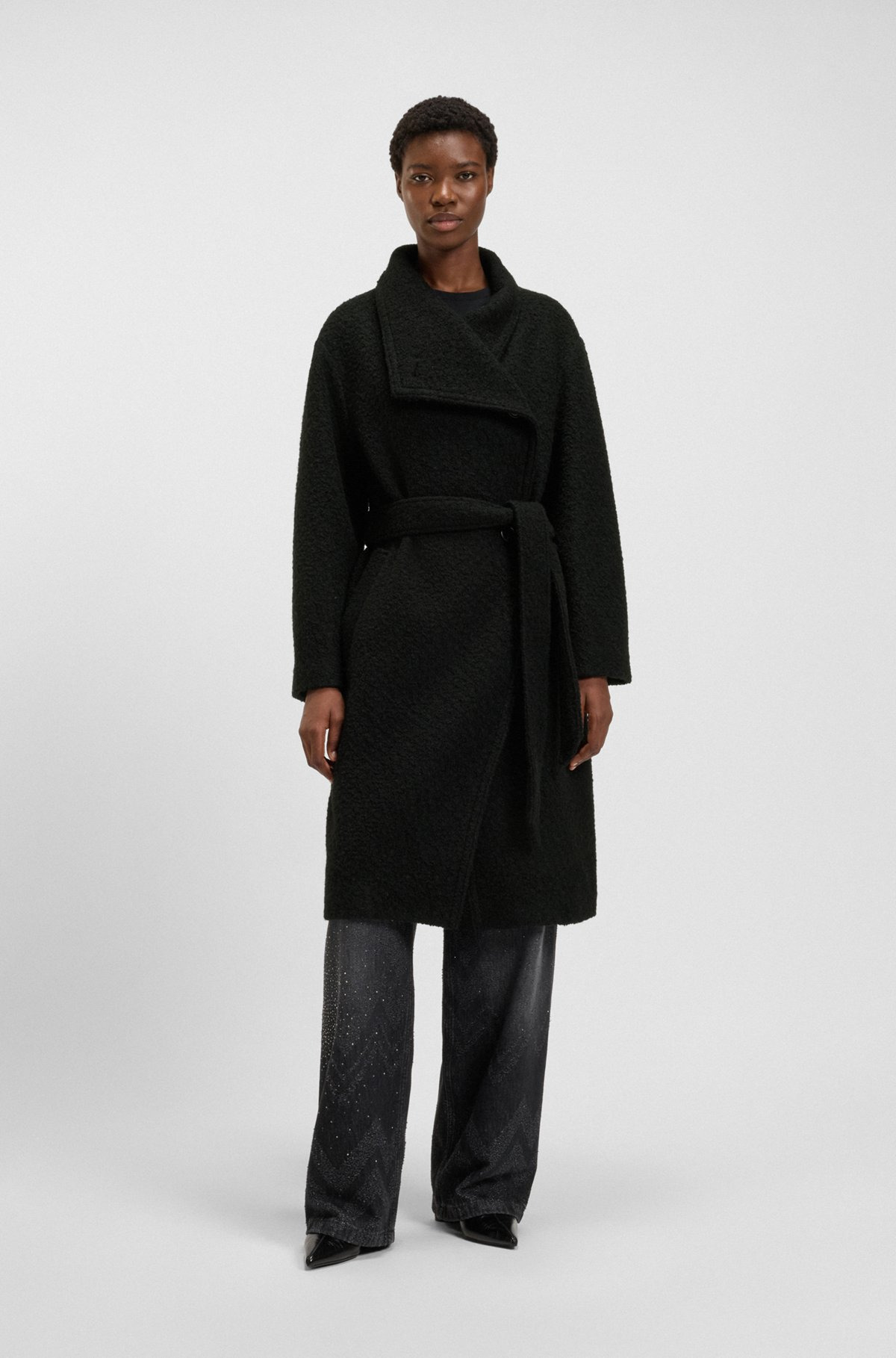 BOUCLÉ COAT WITH BELT AND STAND COLLAR - 2