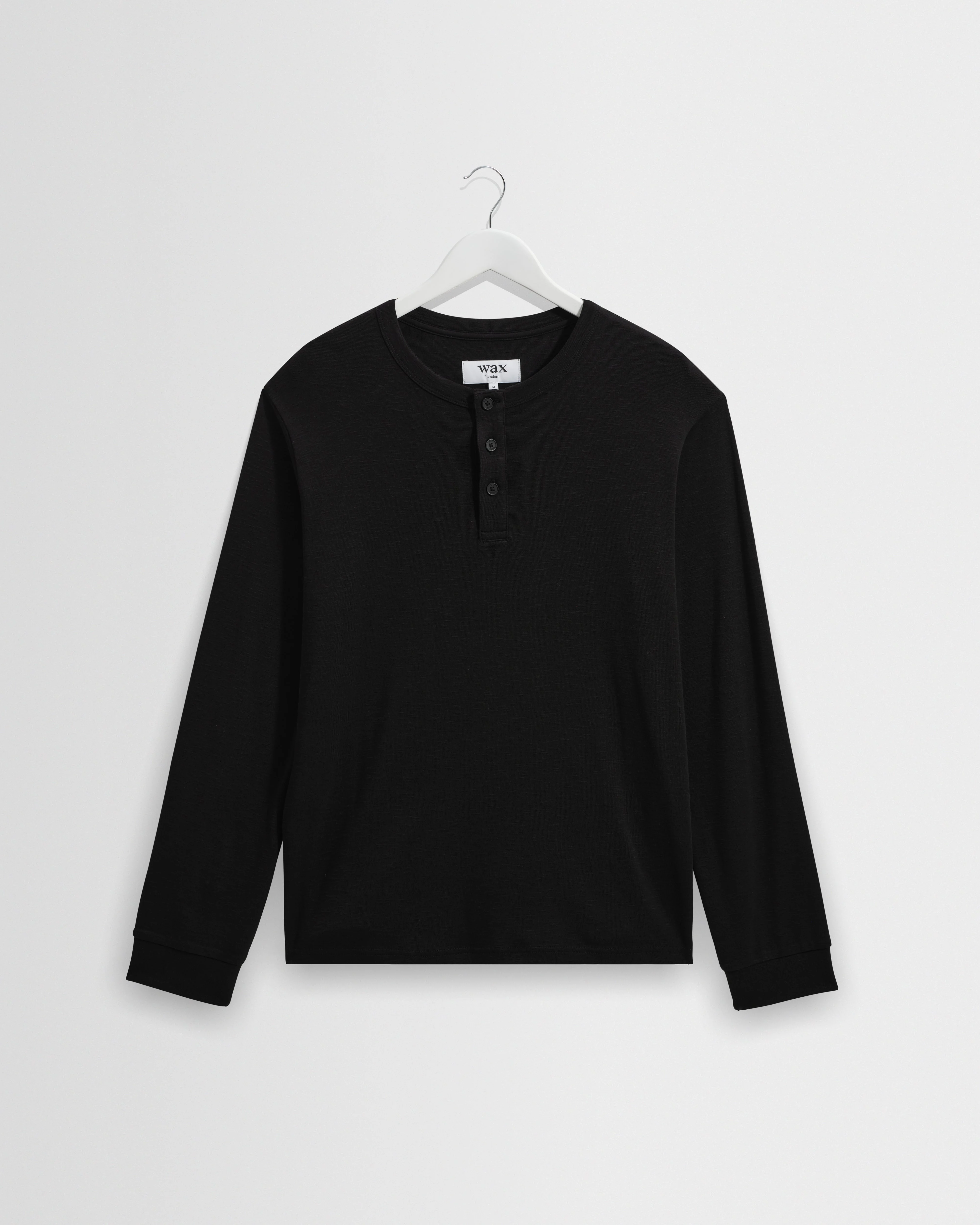 Caleb - Black Brushed Organic Cotton Henley Long-Sleeve T-Shirt - 1
