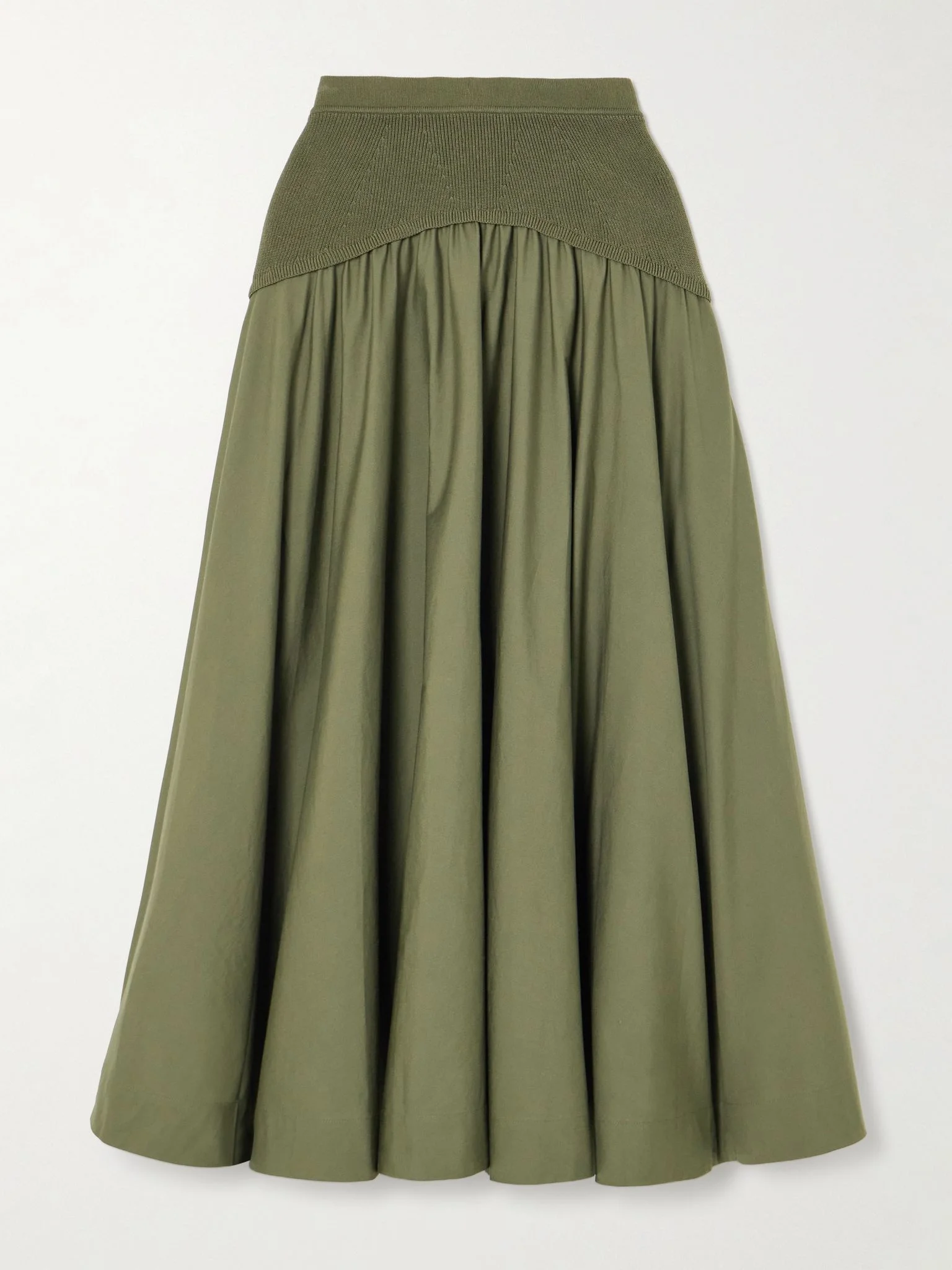 Ovie pleated ribbed-knit trimmed cotton-poplin midi skirt Green - 1