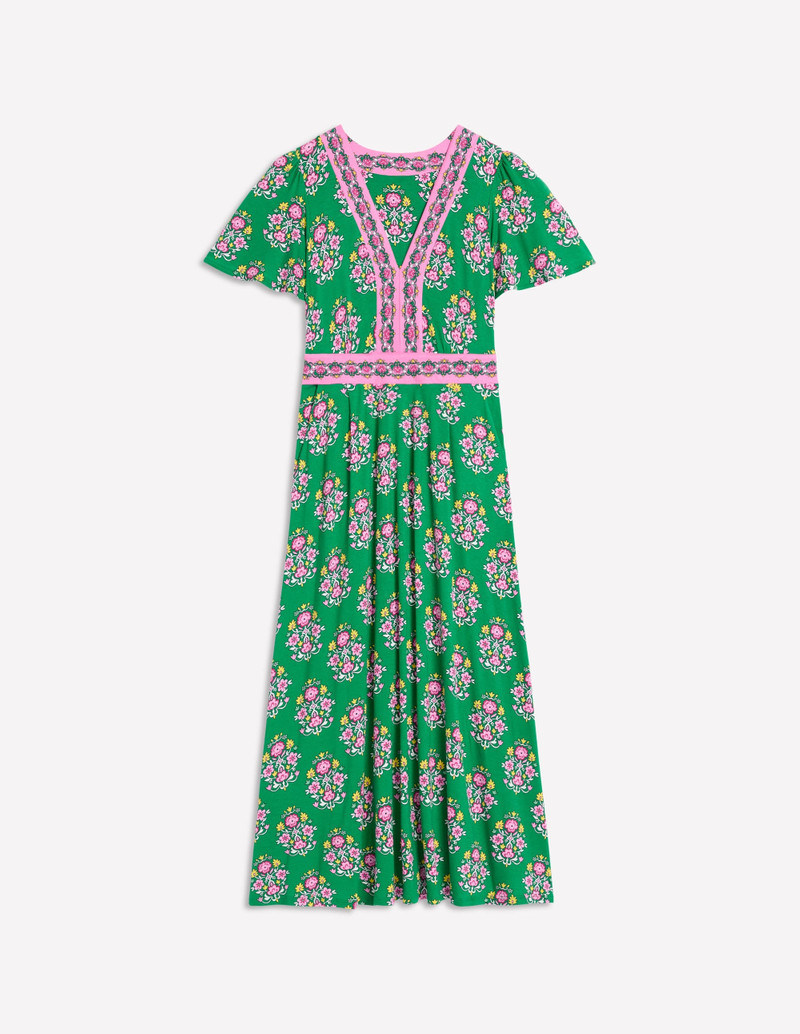 Ellie Flutter Maxi Tea Dress-Rich Emerald, Wildflower Stamp 1