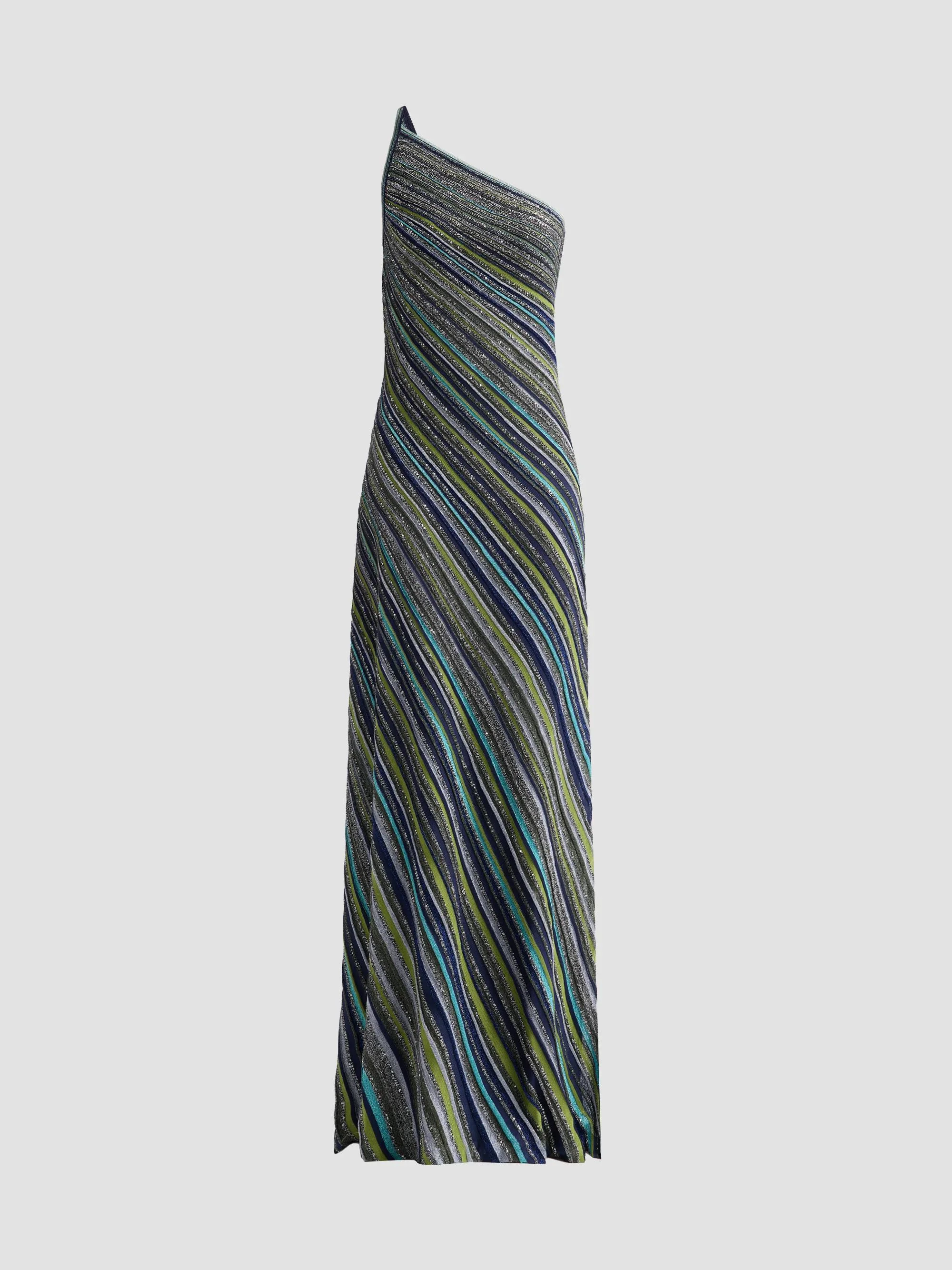Women's Chevron Stripe One-Shoulder Maxi Dress - Green Tones - 1