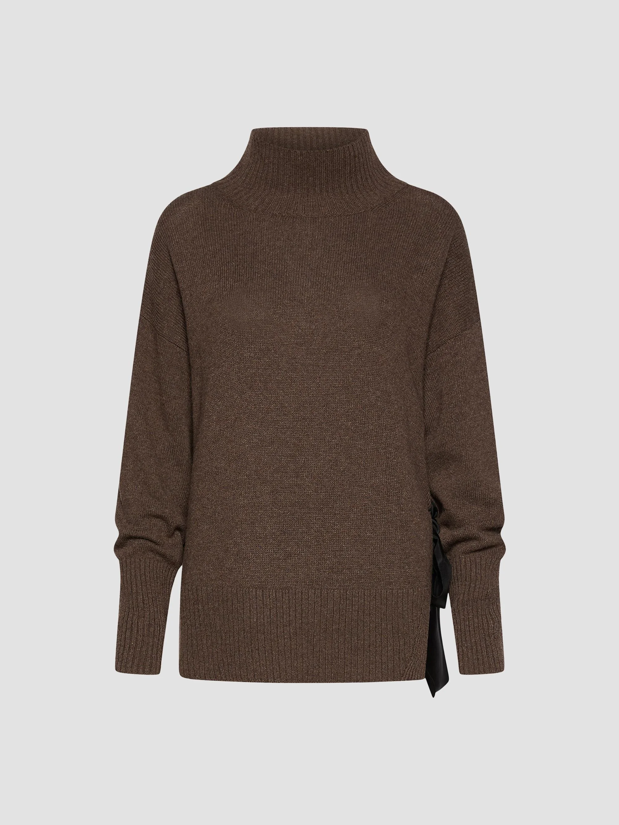 Women's Cashmere Blend Mock Polo Neck Jumper with Silk Sash - Dark Bown - 1