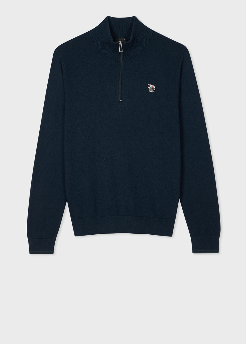 Dark Navy Cotton-Blend Half Zip Zebra Logo Sweater 1