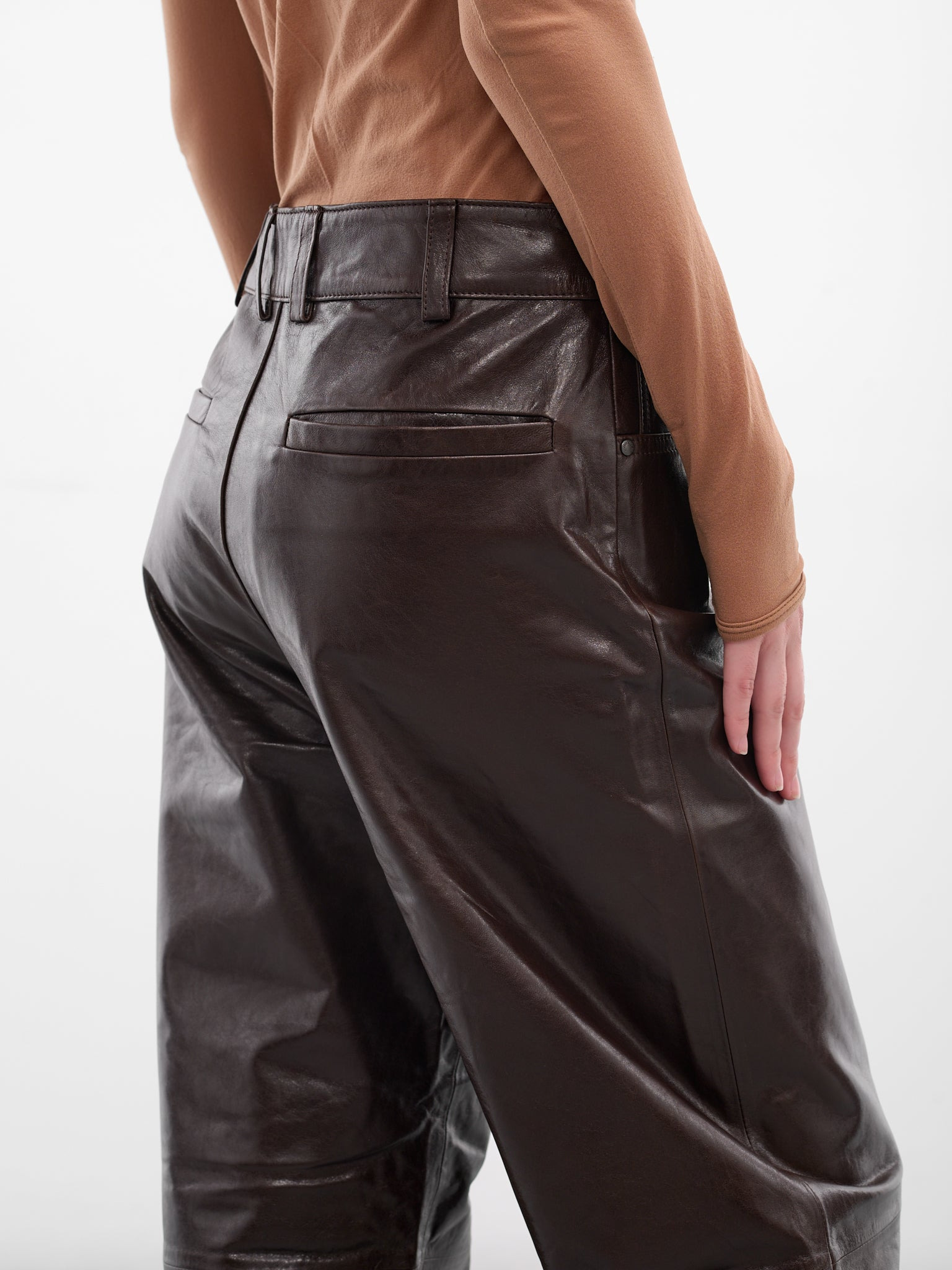Dark Brown Leather Straight Trousers - 5