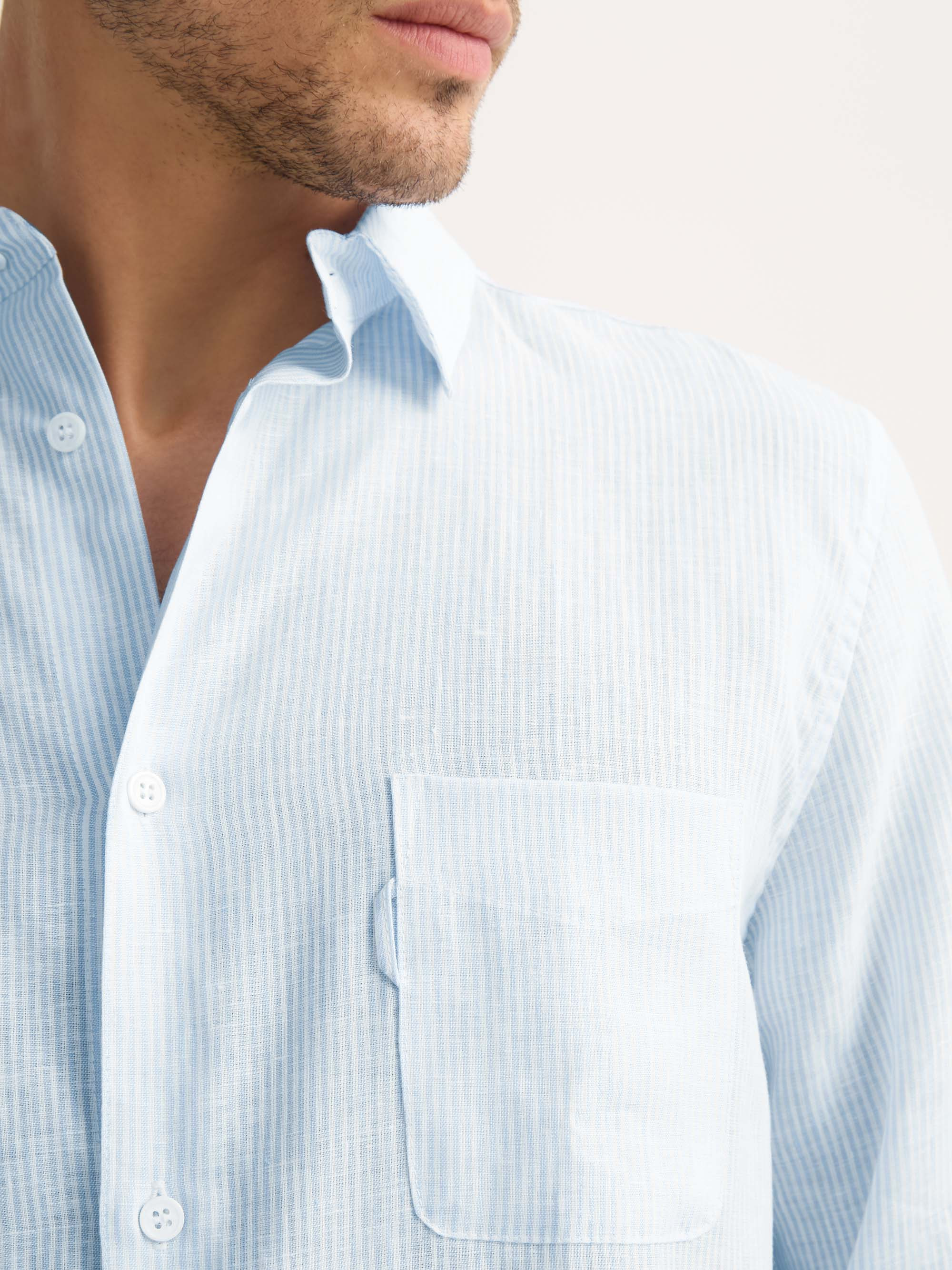 Men's Long Sleeve Shirt Malibu Woven Linen Light Blue and White Stripe - 6