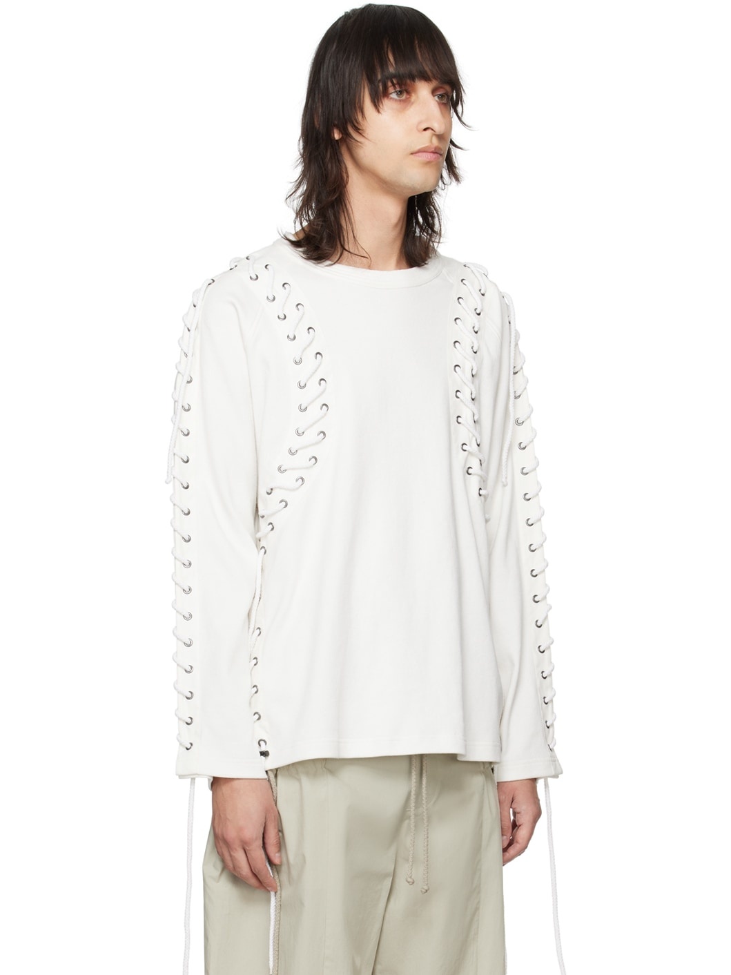 White Lace-Up Long Sleeve T-Shirt - 2
