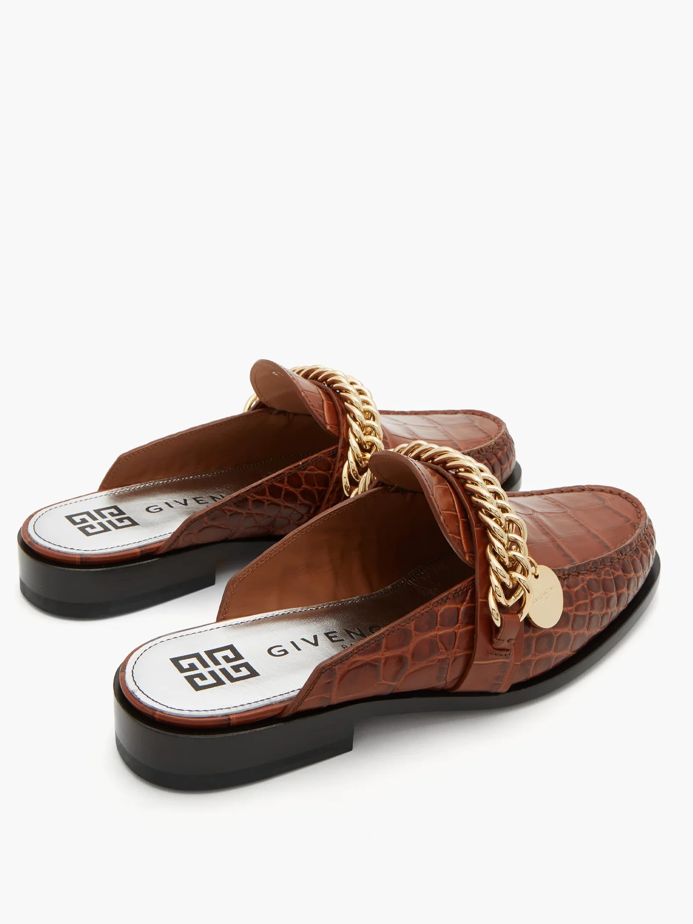 Chain-embellished leather backless loafers - 4