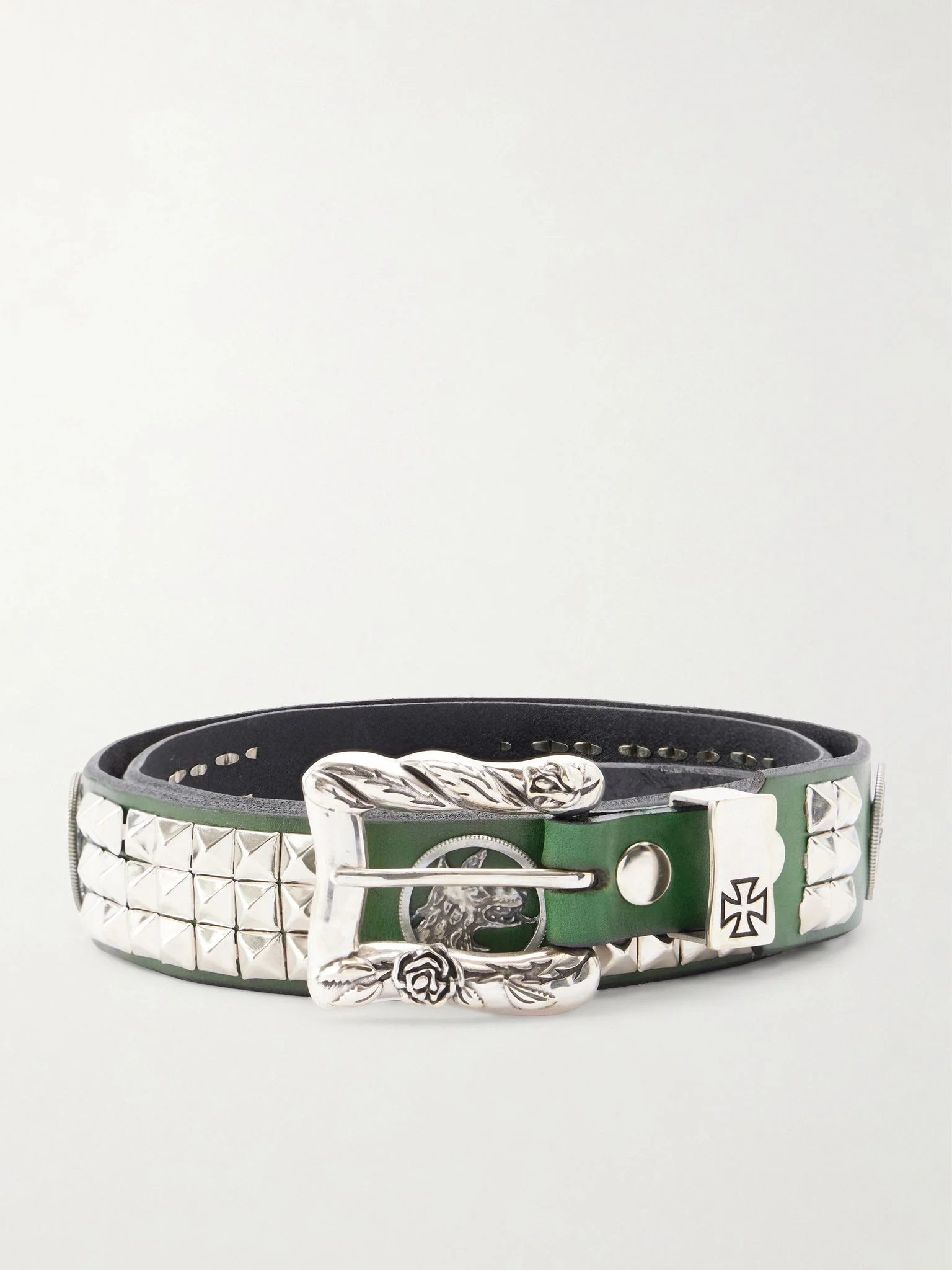 Dog In Restraint 3.5cm Studded Leather Belt Green - 1